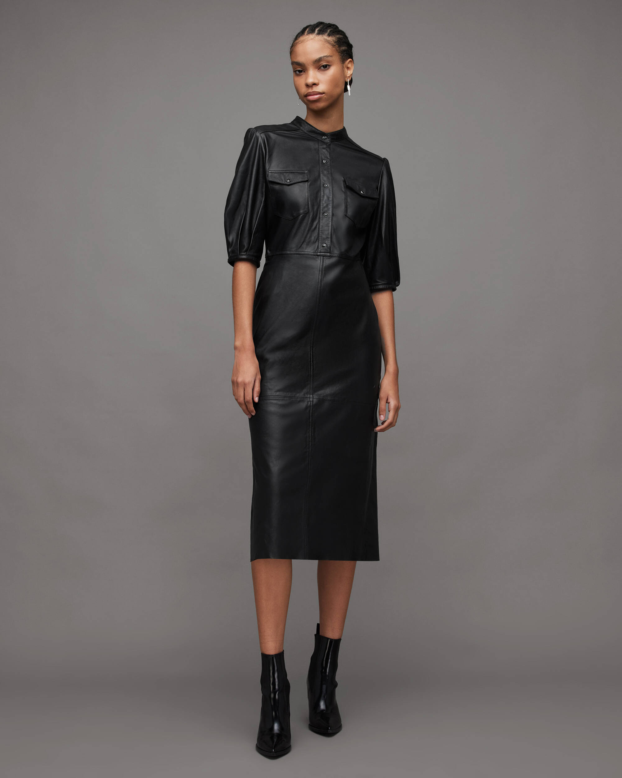 Jackie Puff Sleeve Leather Midi Dress  large image number 1