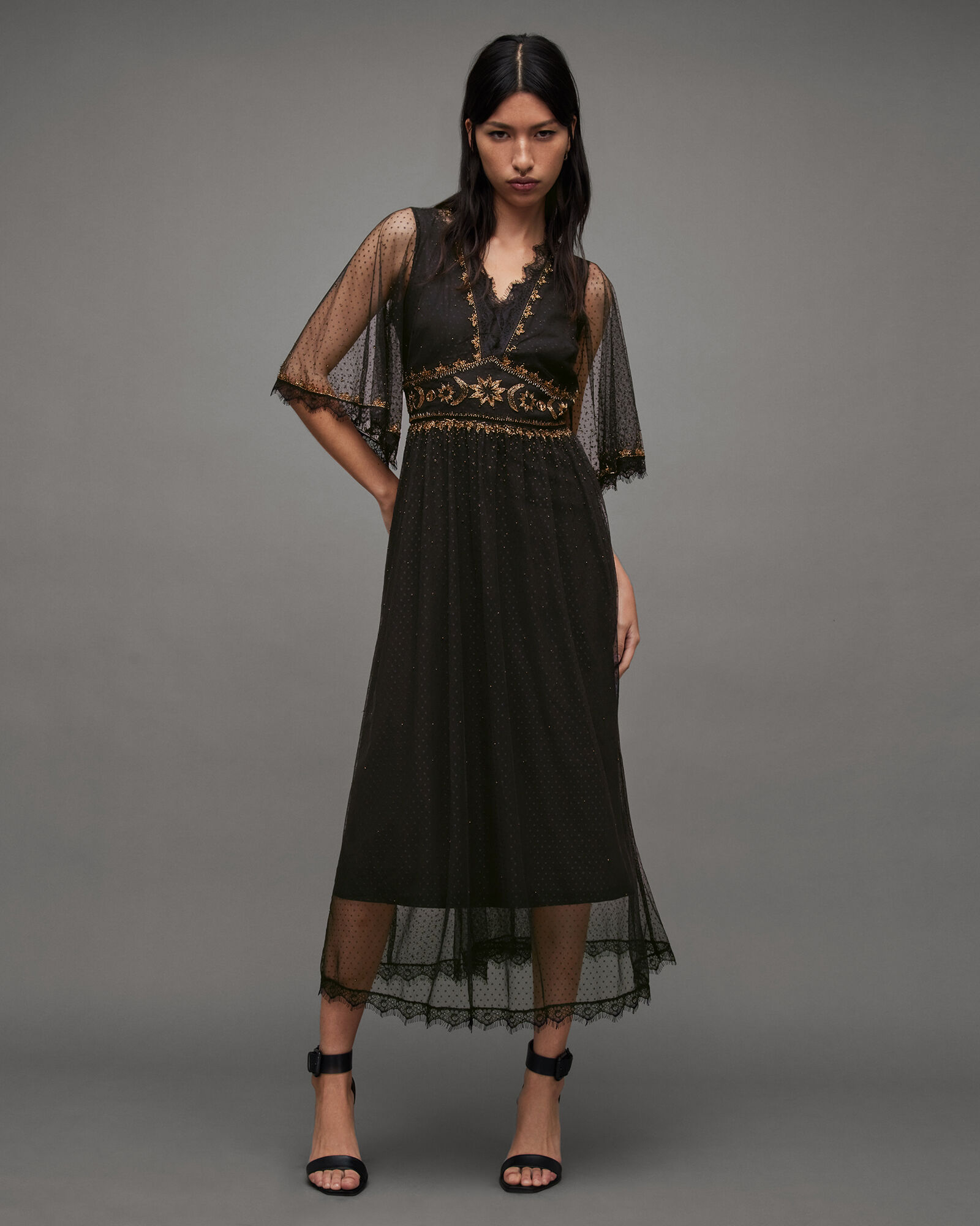 Chaya Sheer Embellished Maxi Dress Antique Gold | ALLSAINTS