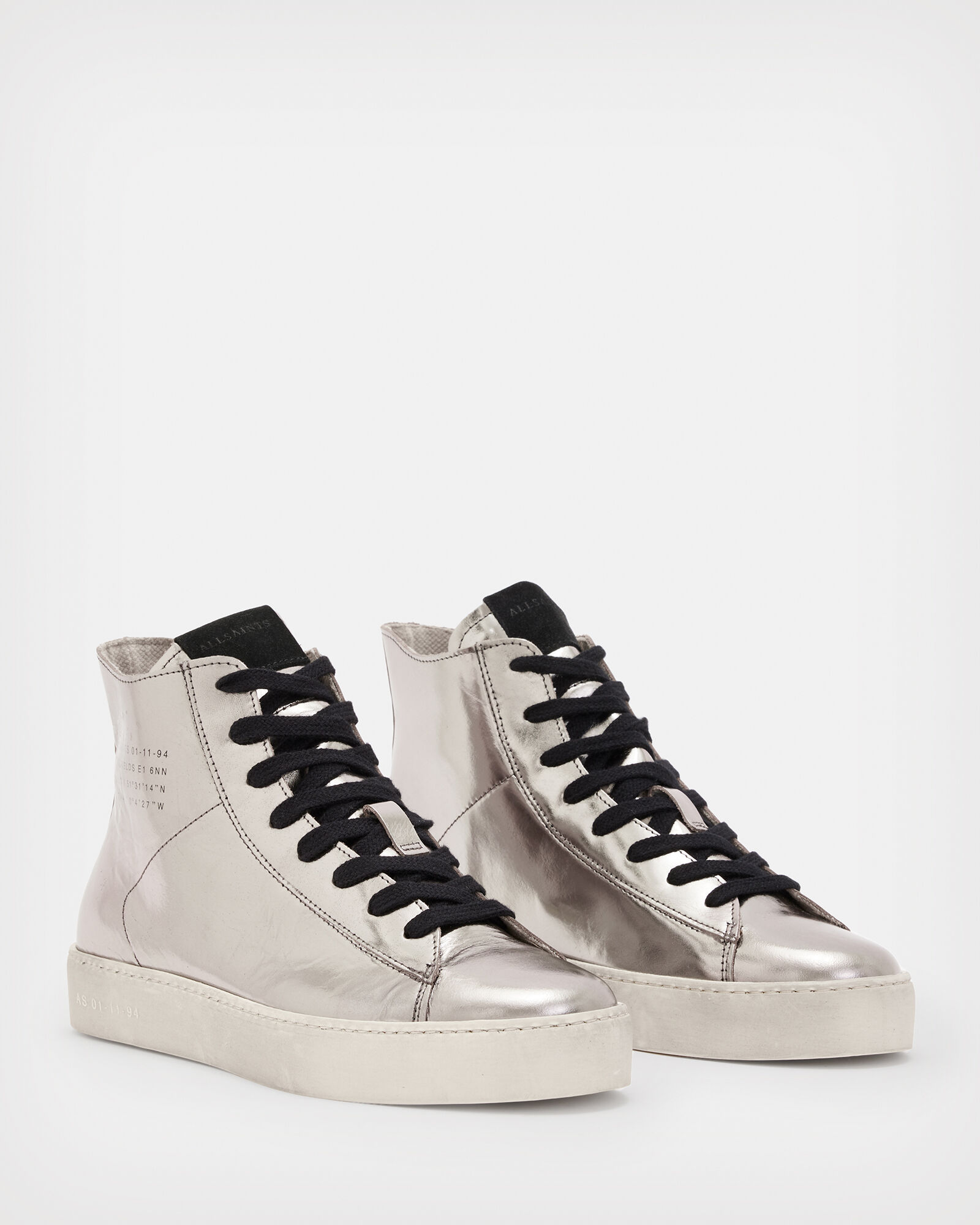 Tana Metallic Leather High Top Trainers Silver | ALLSAINTS Canada