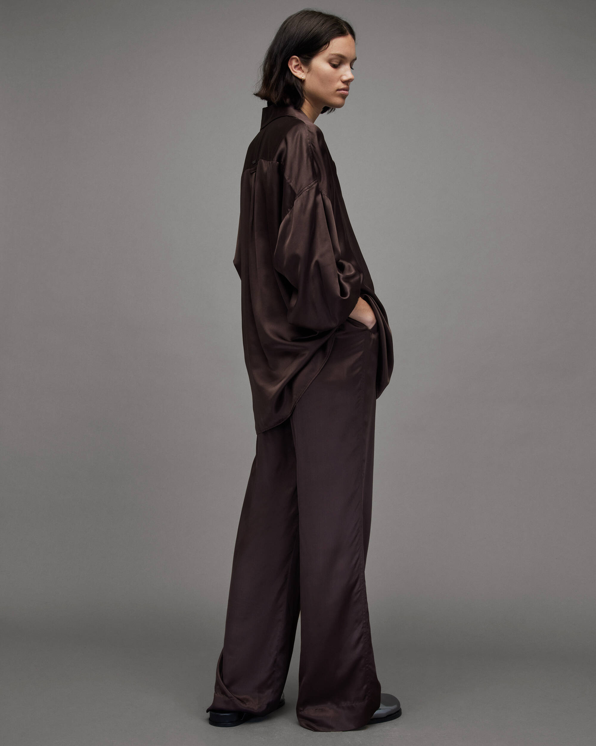 Charli Silk Blend Wide Leg Fit Trousers WARM CACAO BROWN | ALLSAINTS