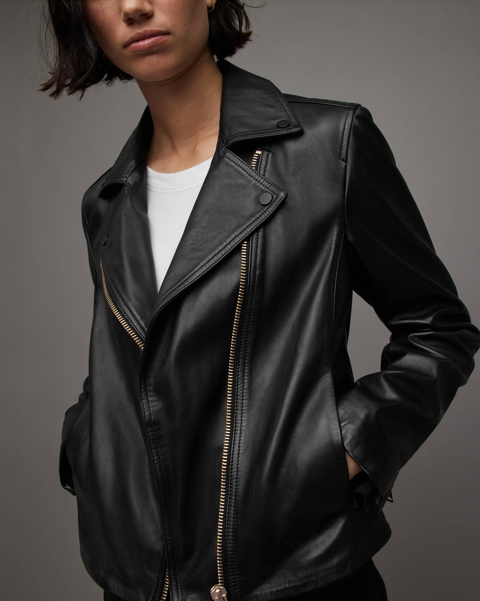 Vela Asymmetric Zip Leather Biker Jacket Black | ALLSAINTS
