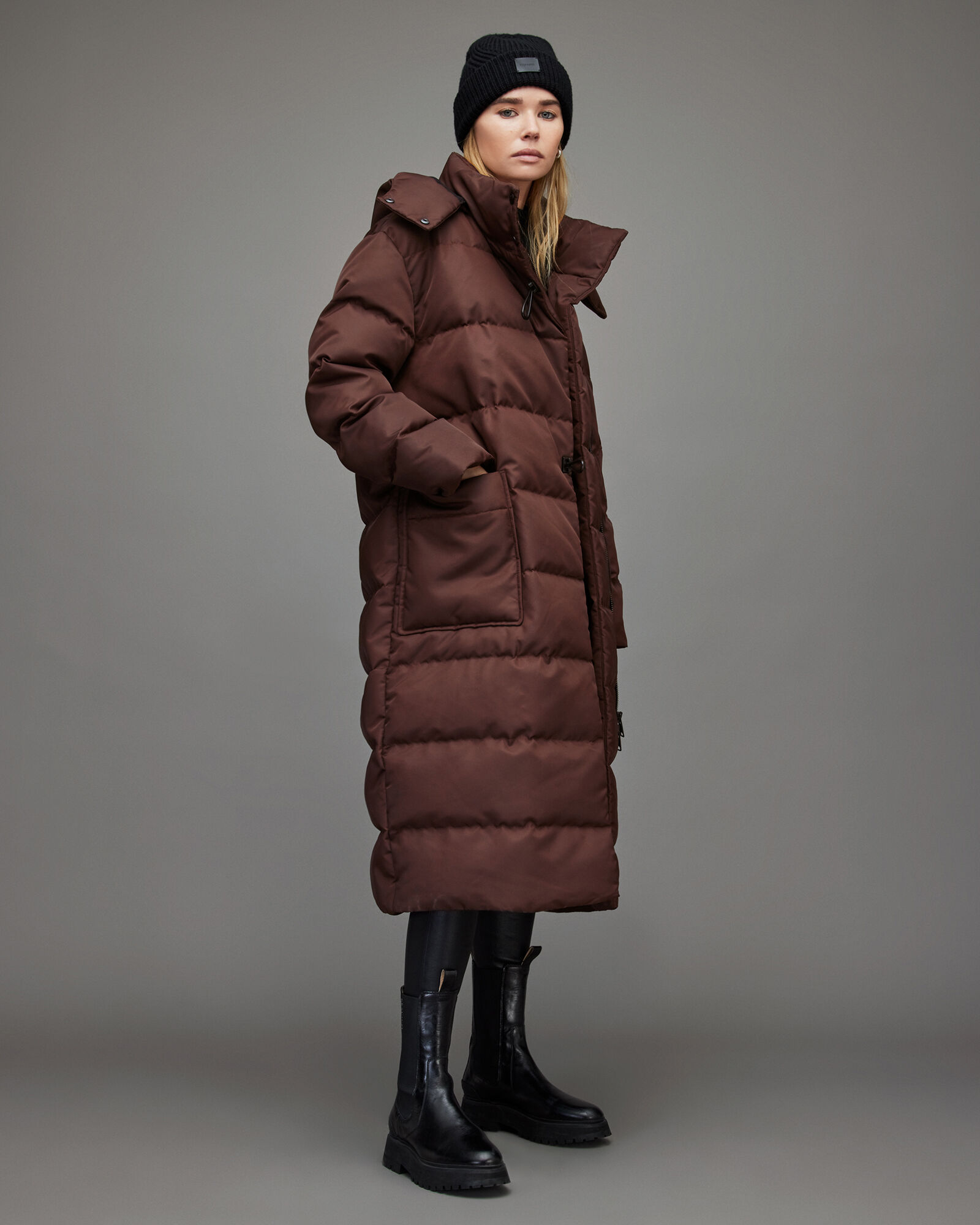 Allana Oversized Long Quilt Puffer Coat Chocolate ALLSAINTS