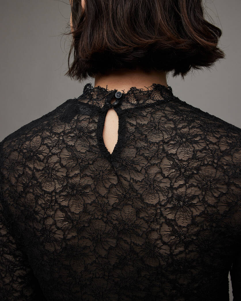 Francesco Long Sleeve Sheer Lace Top Black | ALLSAINTS