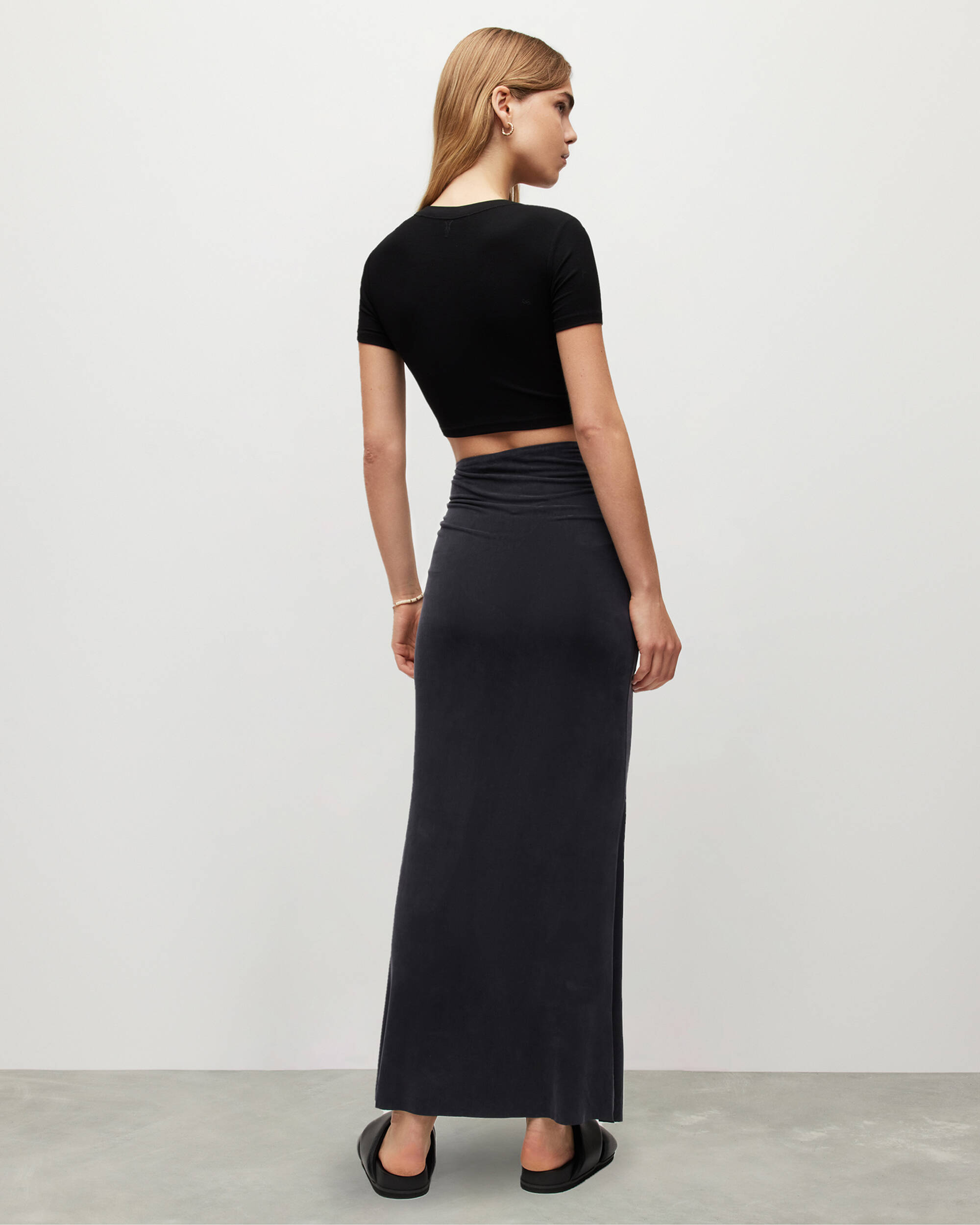 Sierra Low Rise Side Gathered Maxi Skirt Black | ALLSAINTS