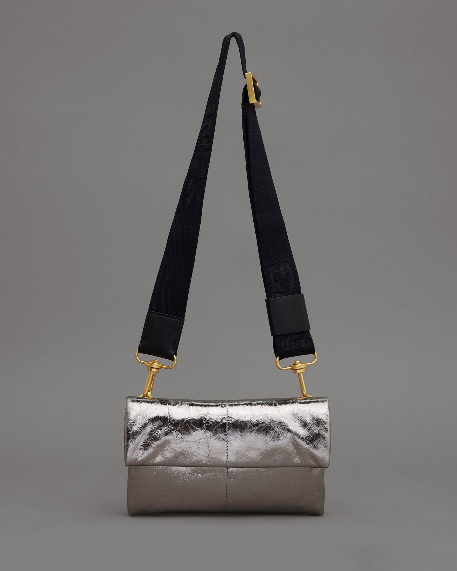 Ezra Metallic Leather Crossbody Bag Pewter ALLSAINTS