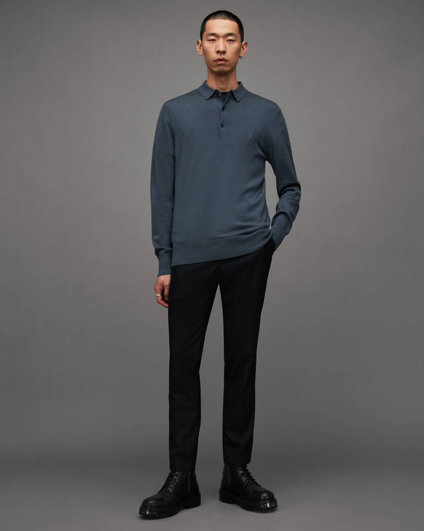 Mode Merino Long Sleeve Polo Shirt BEETLE BLUE | ALLSAINTS