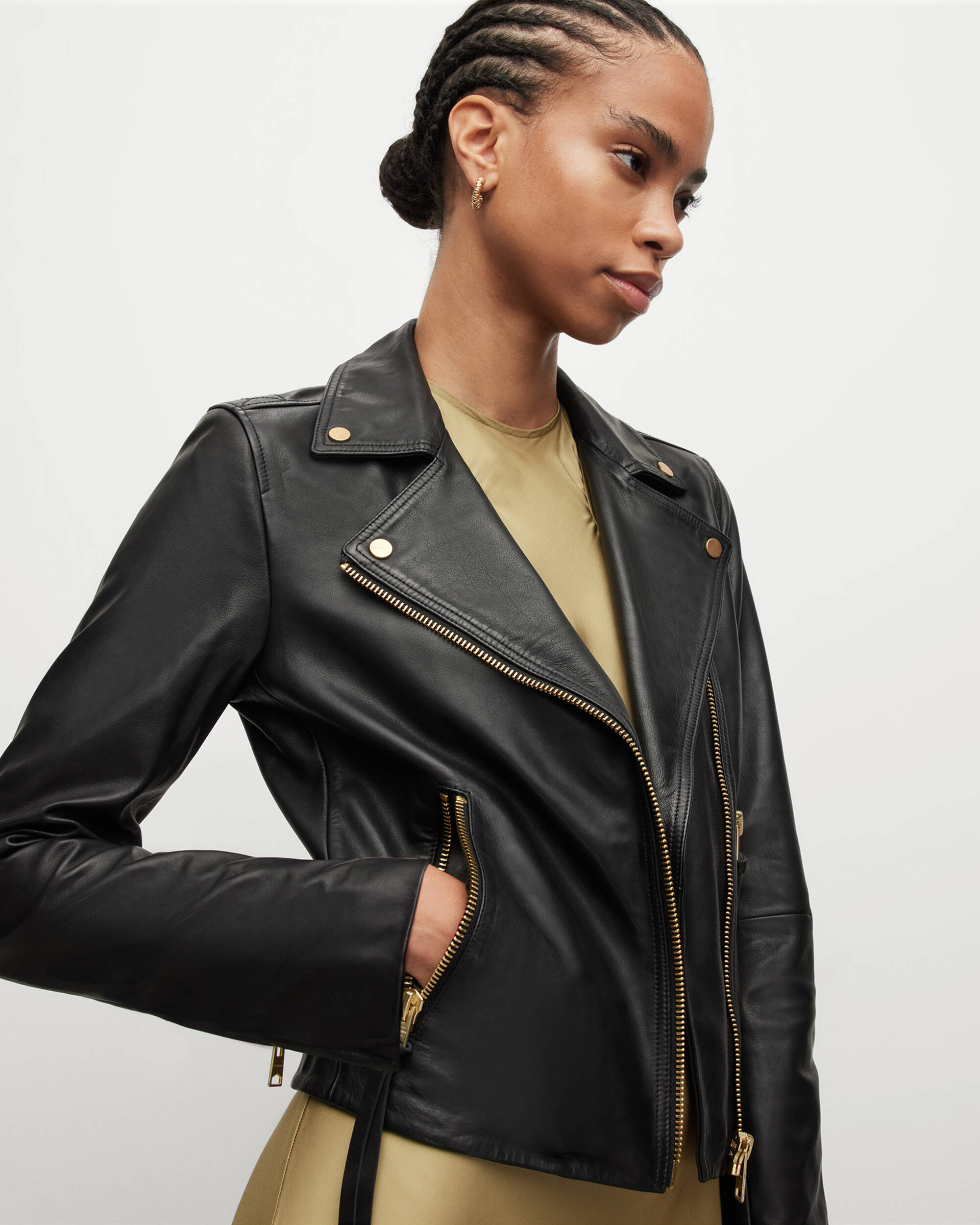 Dalby Slim Fit Gold Leather Biker Jacket BLACK/GOLD | ALLSAINTS