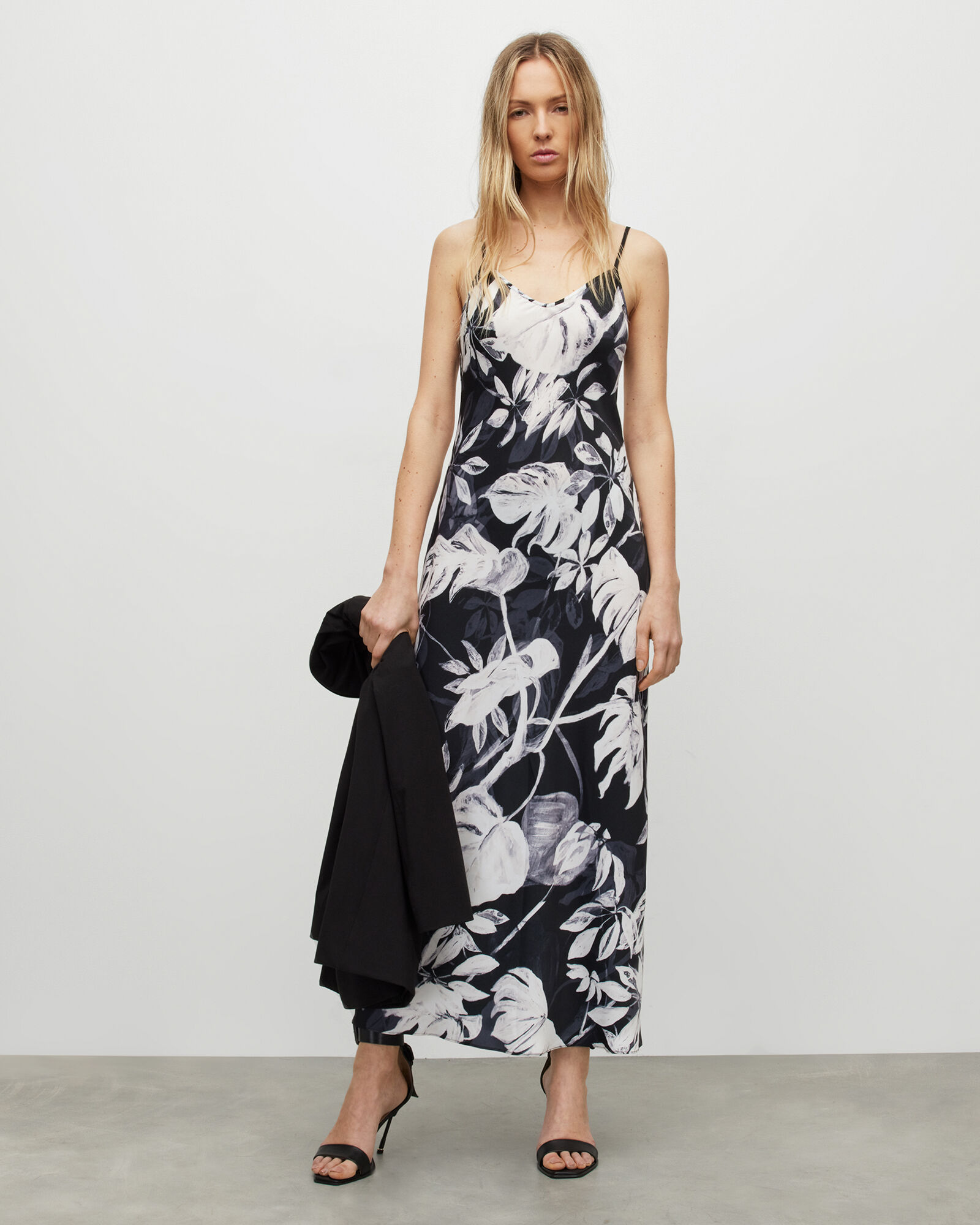 Bryony Jackie Floral Midi Slip Dress Black ALLSAINTS