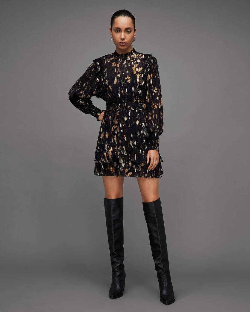 Tulia Ronnie Sheer Frilled Mini Dress Black | ALLSAINTS