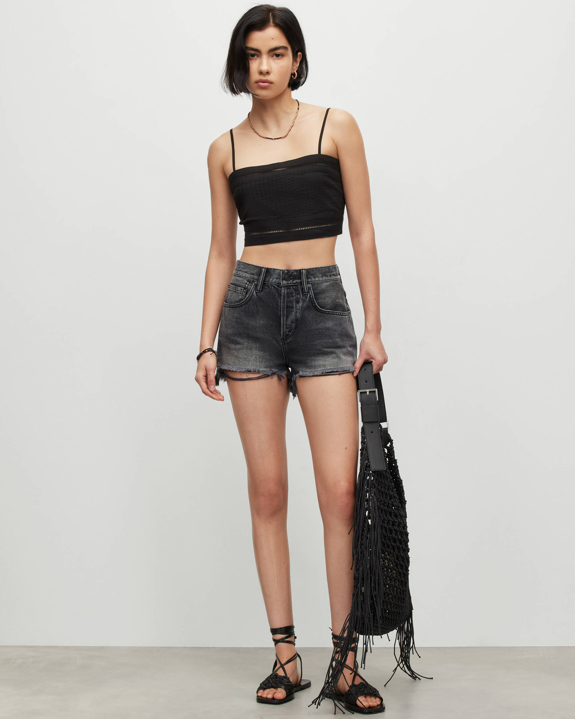 Whitley Broderie Ladder Trim Cropped Top Black | ALLSAINTS