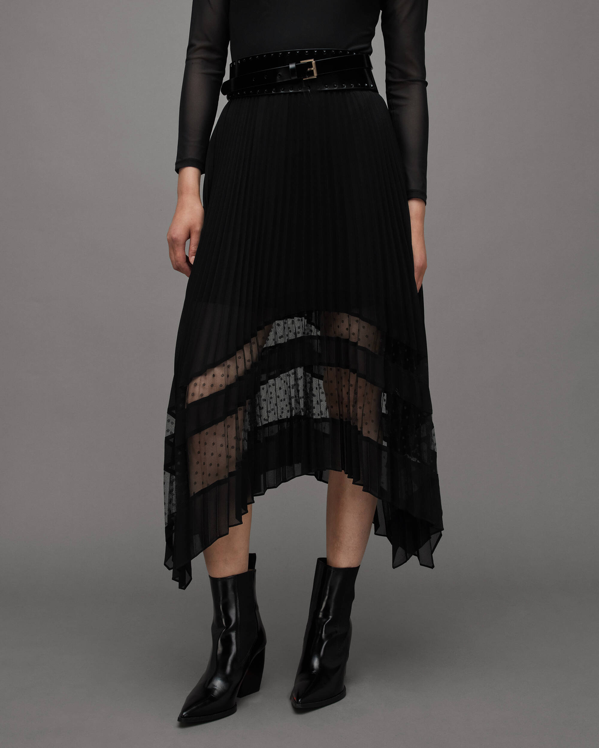 Sabrina Pleated Asymmetric Midi Skirt Black | ALLSAINTS