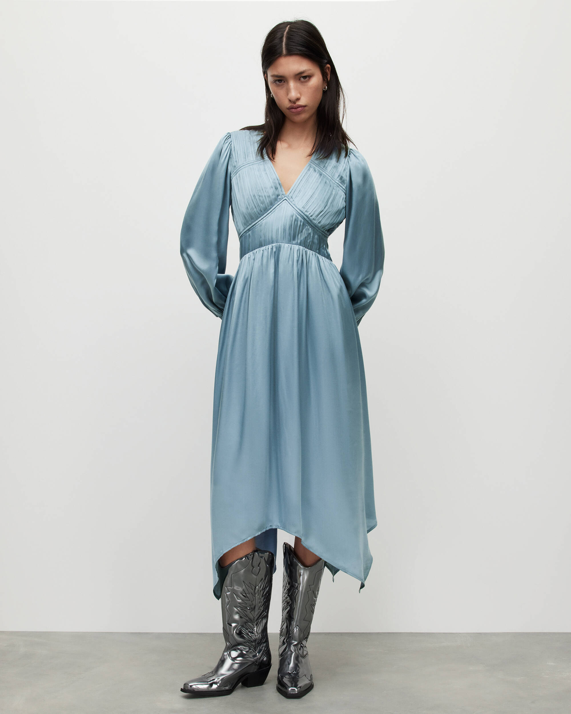 Estelle Silk Blend Asymmetric Midi Dress BLUE SLATE | ALLSAINTS