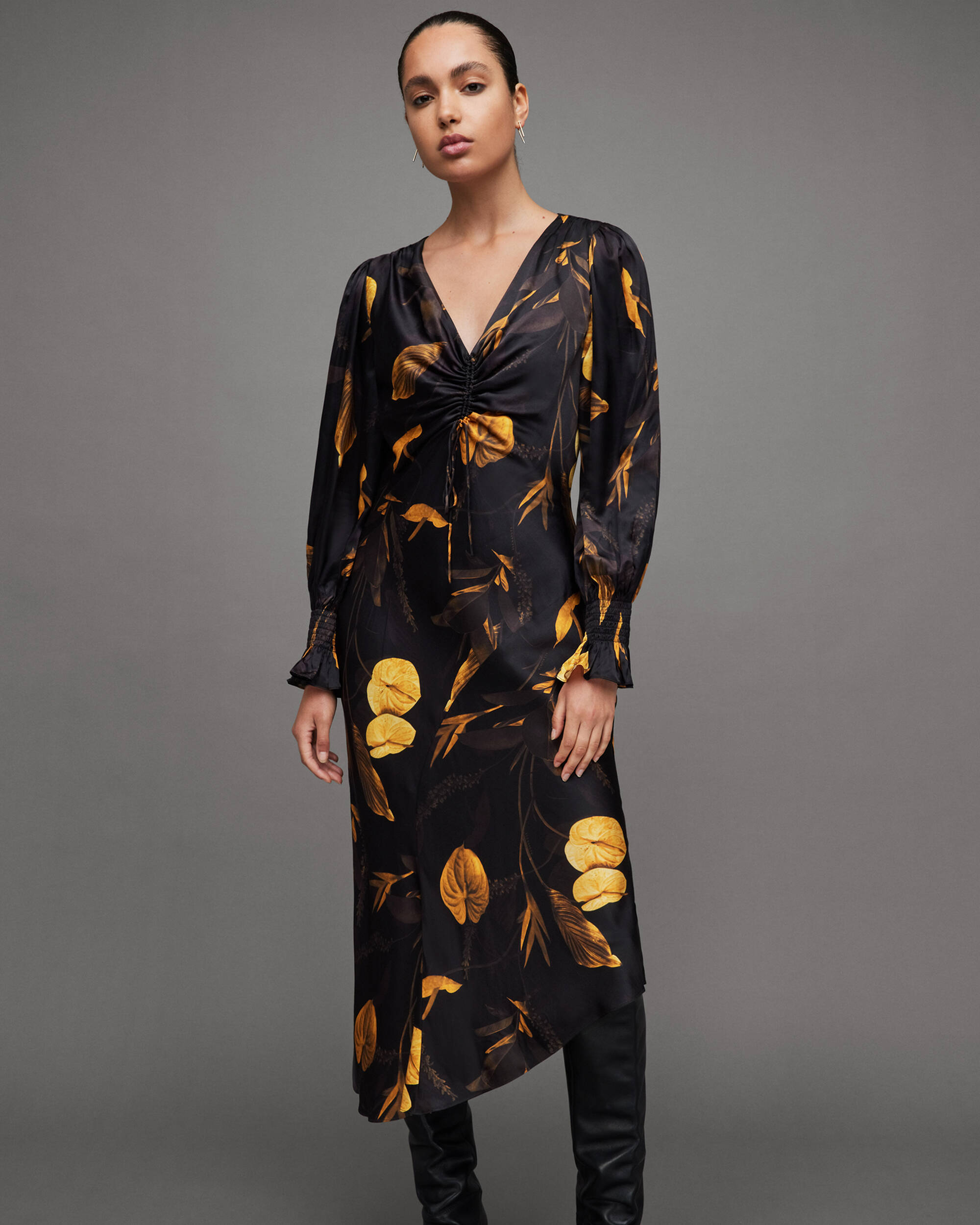 Naomi Silk Blend Aretha Print Midi Dress Black | ALLSAINTS