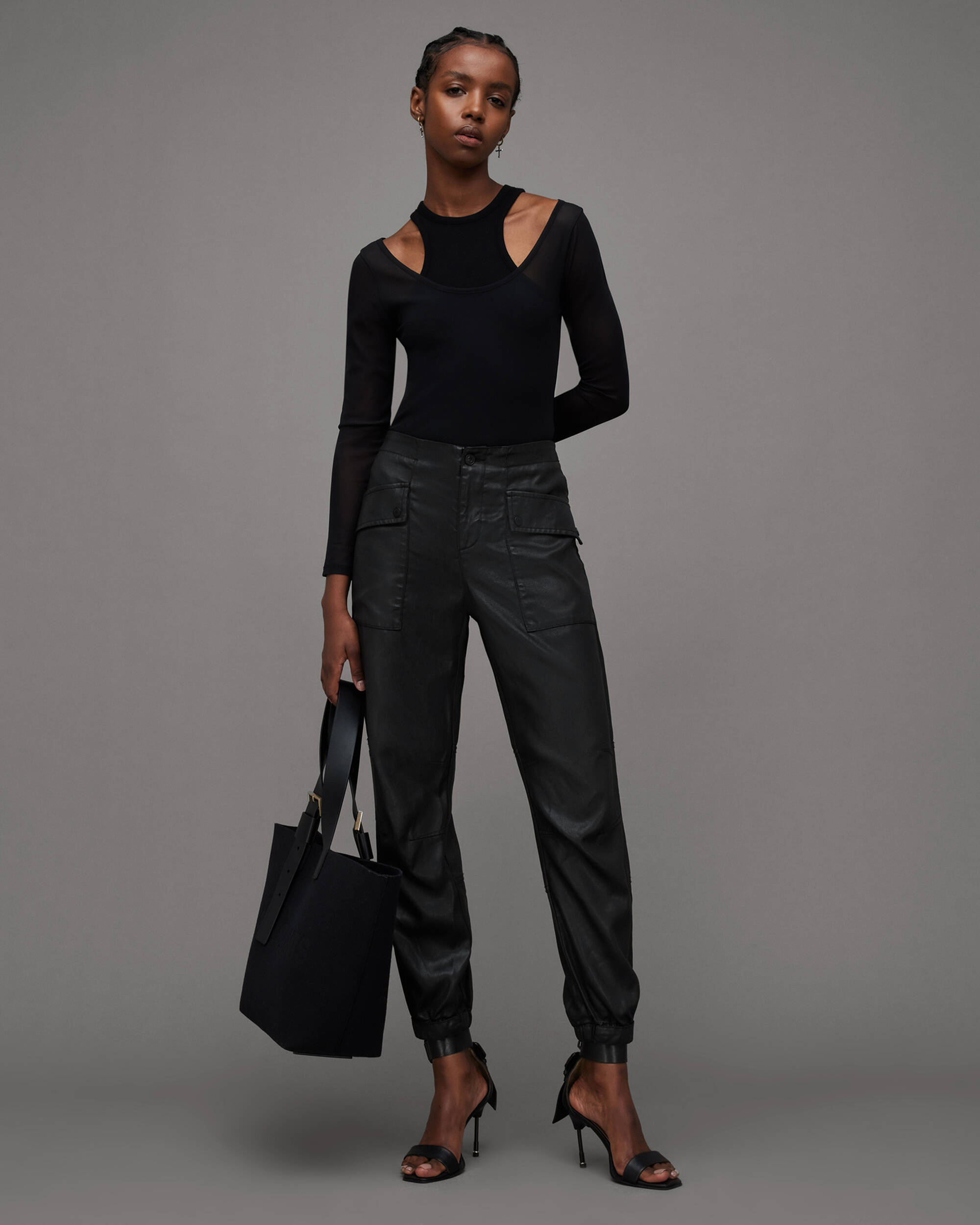 Frieda High-Rise Coated Cargo Trousers Black | ALLSAINTS