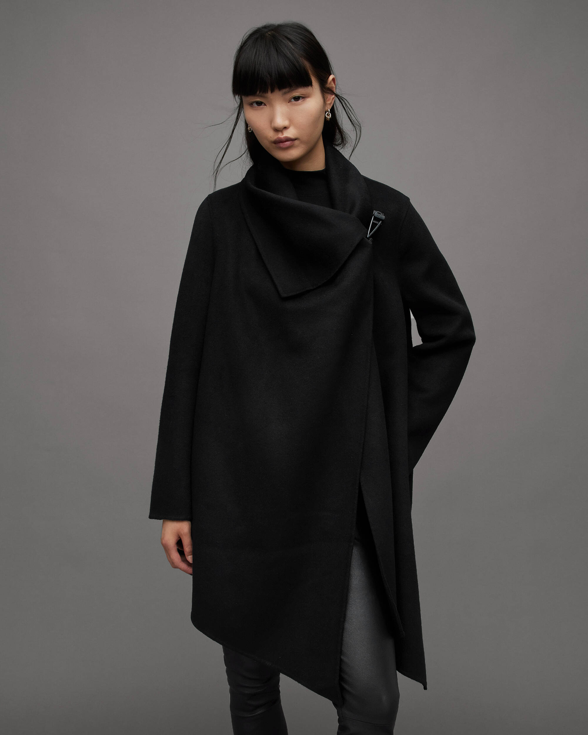 Monument Eve Asymmetric Draped Coat Black | ALLSAINTS