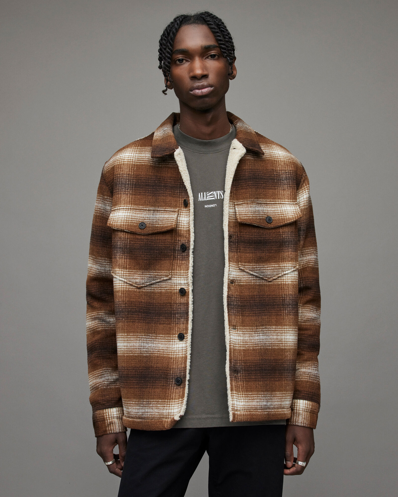 AllSaints Seneca Check Sherpa Lined Jacket, Brown