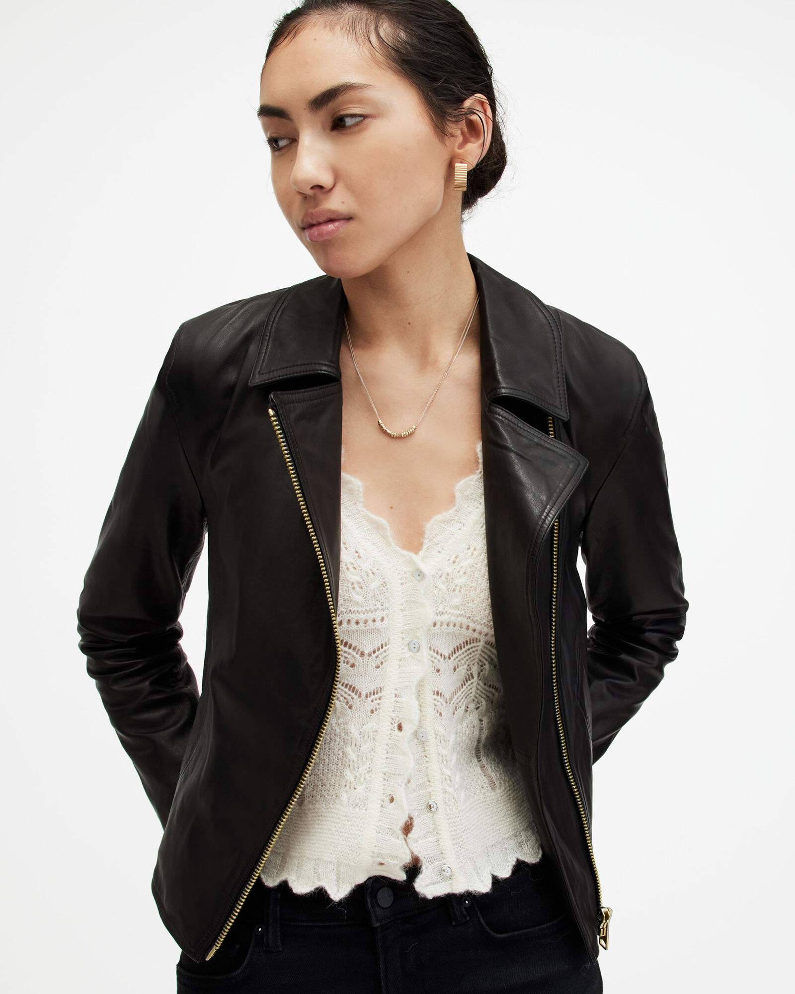Vela Asymmetric Zip Leather Biker Jacket Black ALLSAINTS