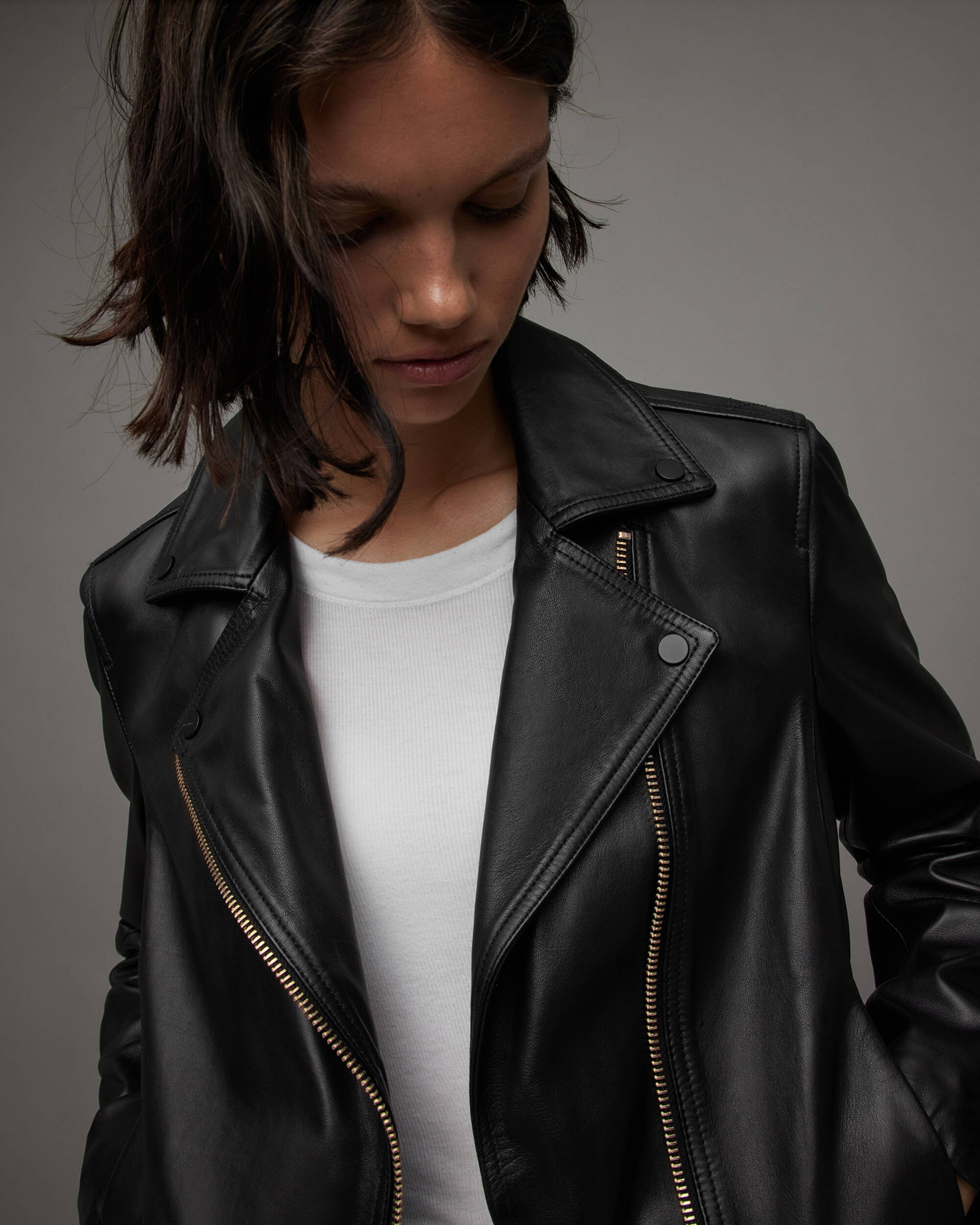 Vela Asymmetric Zip Leather Biker Jacket Black | ALLSAINTS