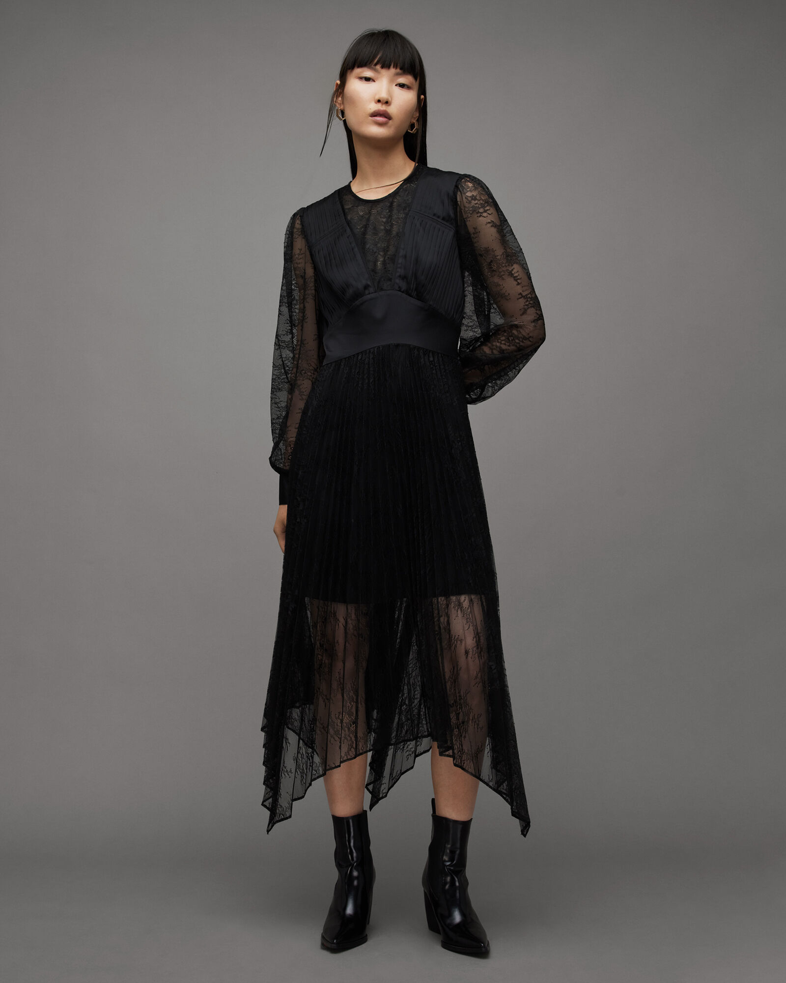 Norah Lace Pleated Asymmetric Maxi Dress