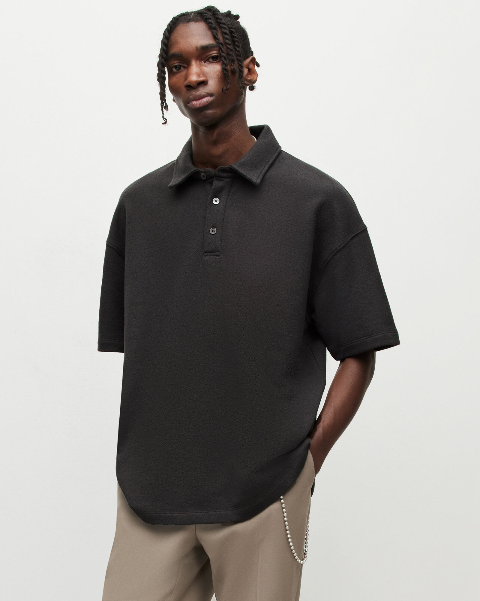 Easton Oversized Polo Shirt Washed Black ALLSAINTS