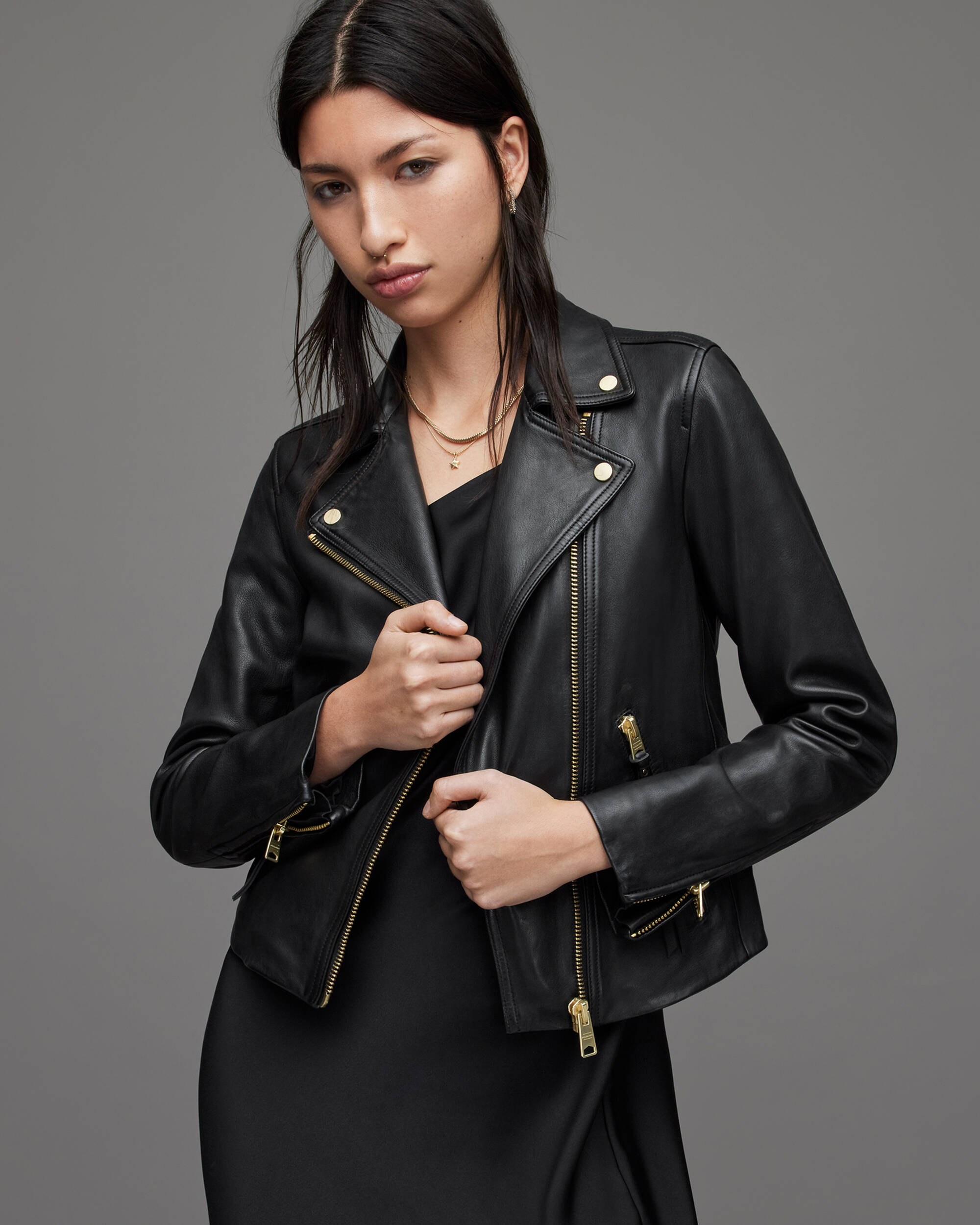 Dalby Gold Leather Biker Jacket BLACK/GOLD | ALLSAINTS