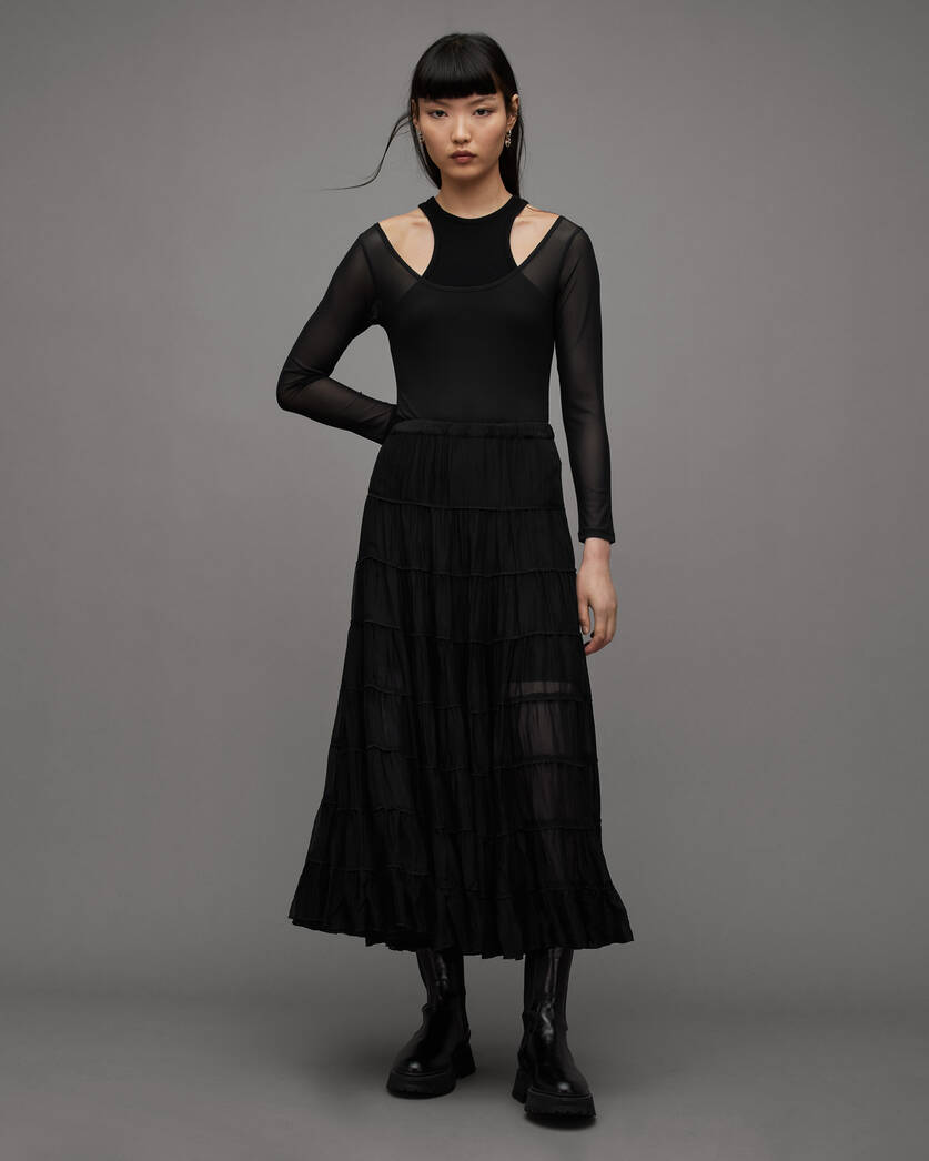 Eva Elasticated Waist Tiered Maxi Skirt Black | ALLSAINTS US