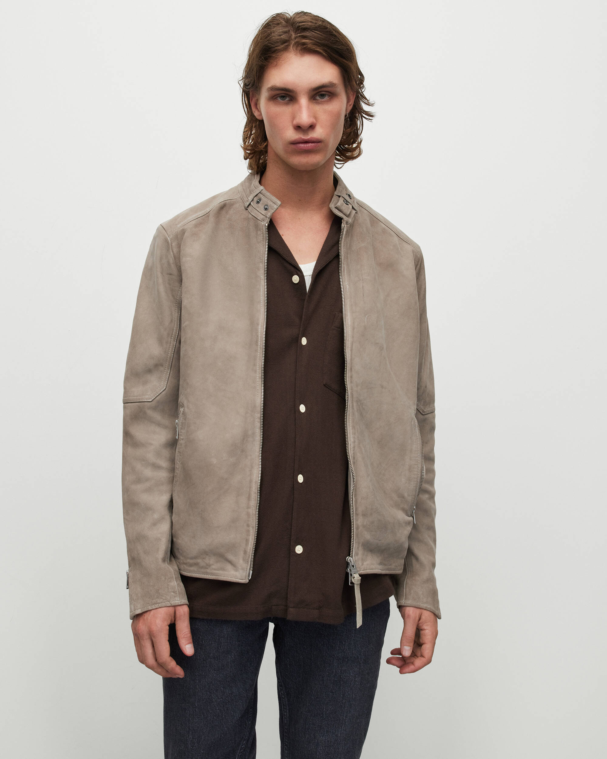 Cora Suede Snap Back Collar Jacket FROSTED TAUPE | ALLSAINTS US