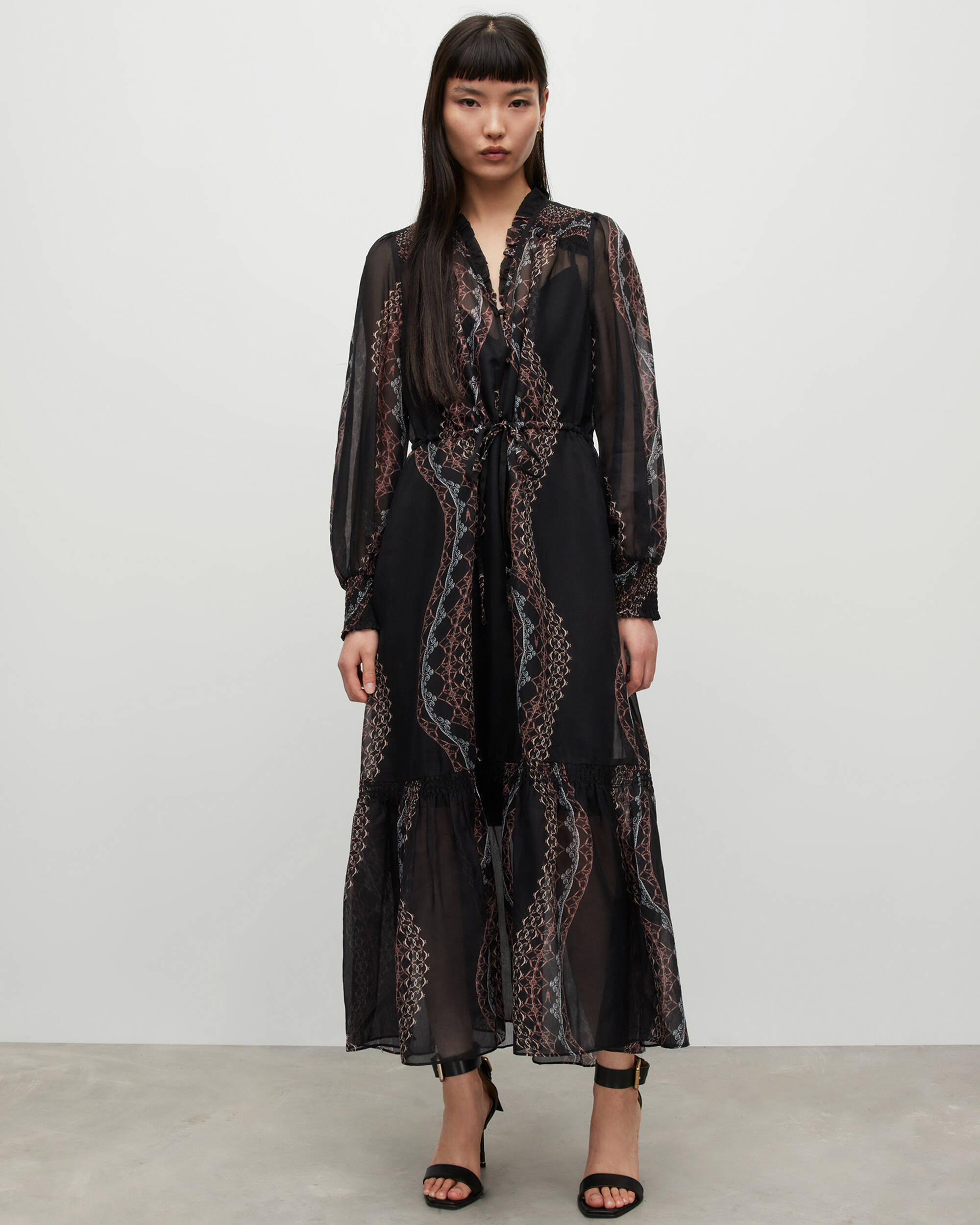 Nisha Leticia Silk Blend Midi Dress Black Multi | ALLSAINTS US