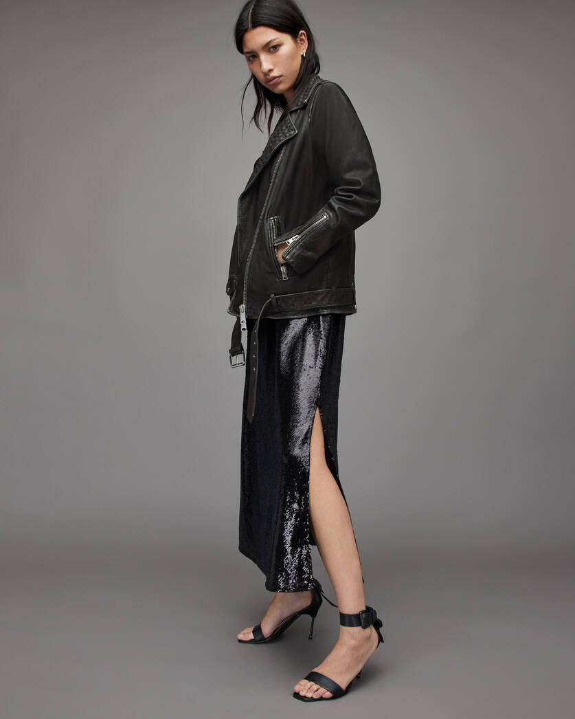 Women’s Black Leather Studded Bomber Jacket