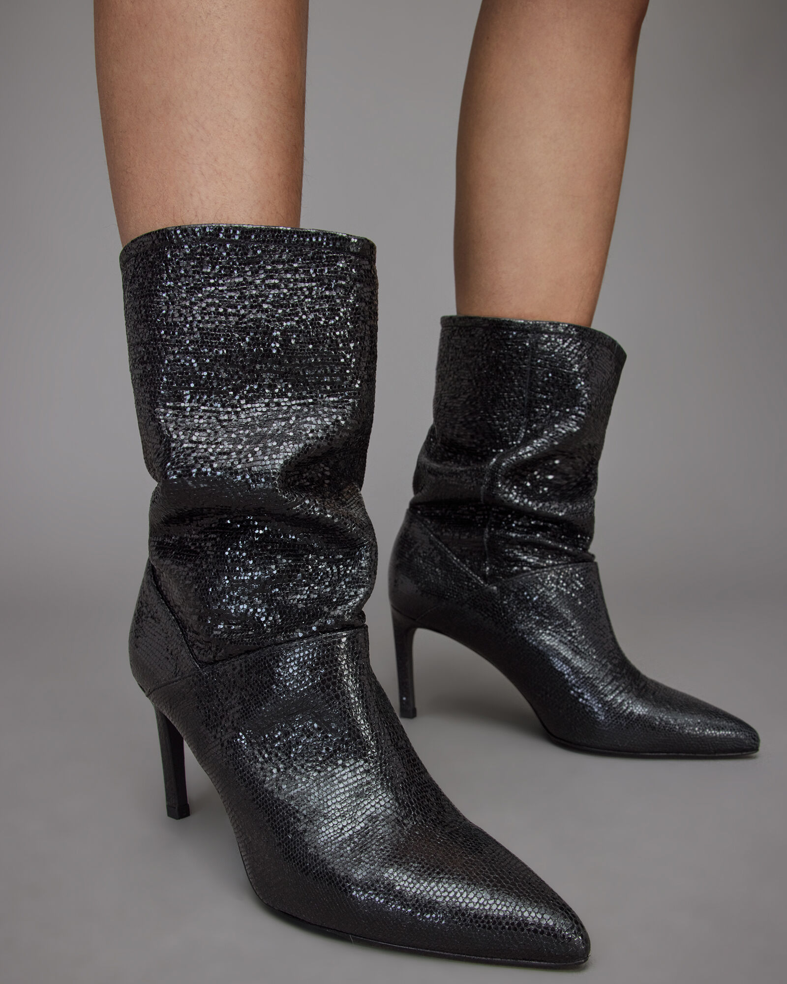 Orlana Shimmer Leather Boots METALLIC BLACK ALLSAINTS US