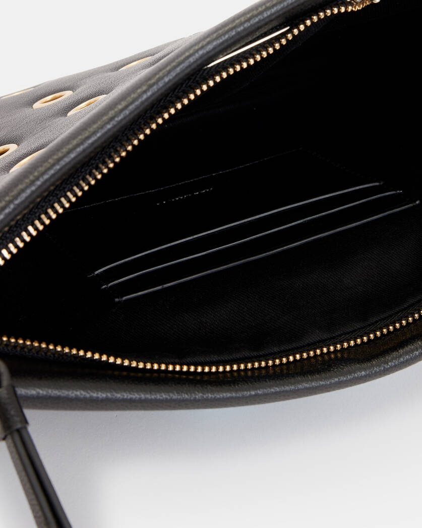 Bettina Eyelet Leather Clutch Bag Black | ALLSAINTS US