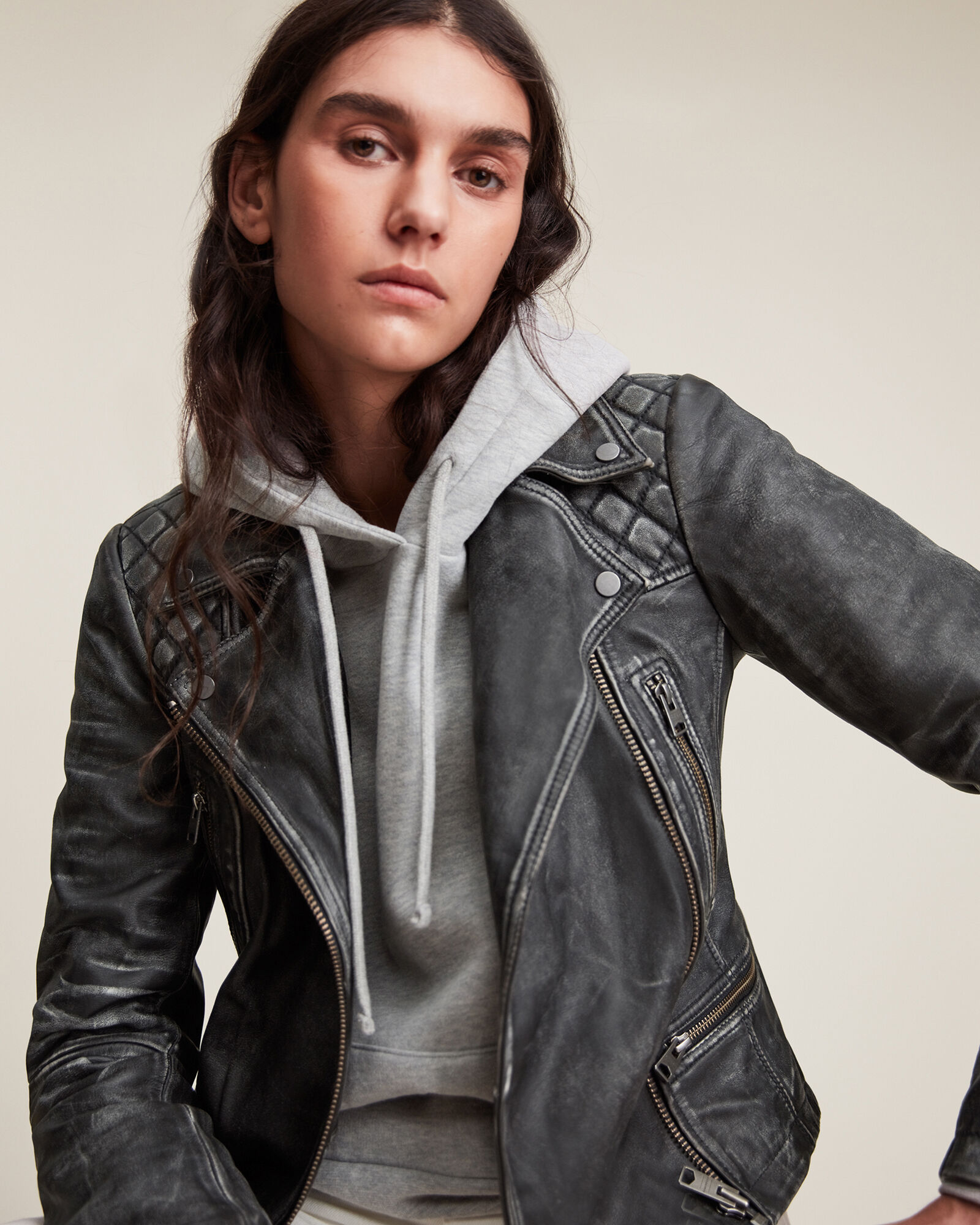 AllSaints Cargo Leather Biker Jacket in Black