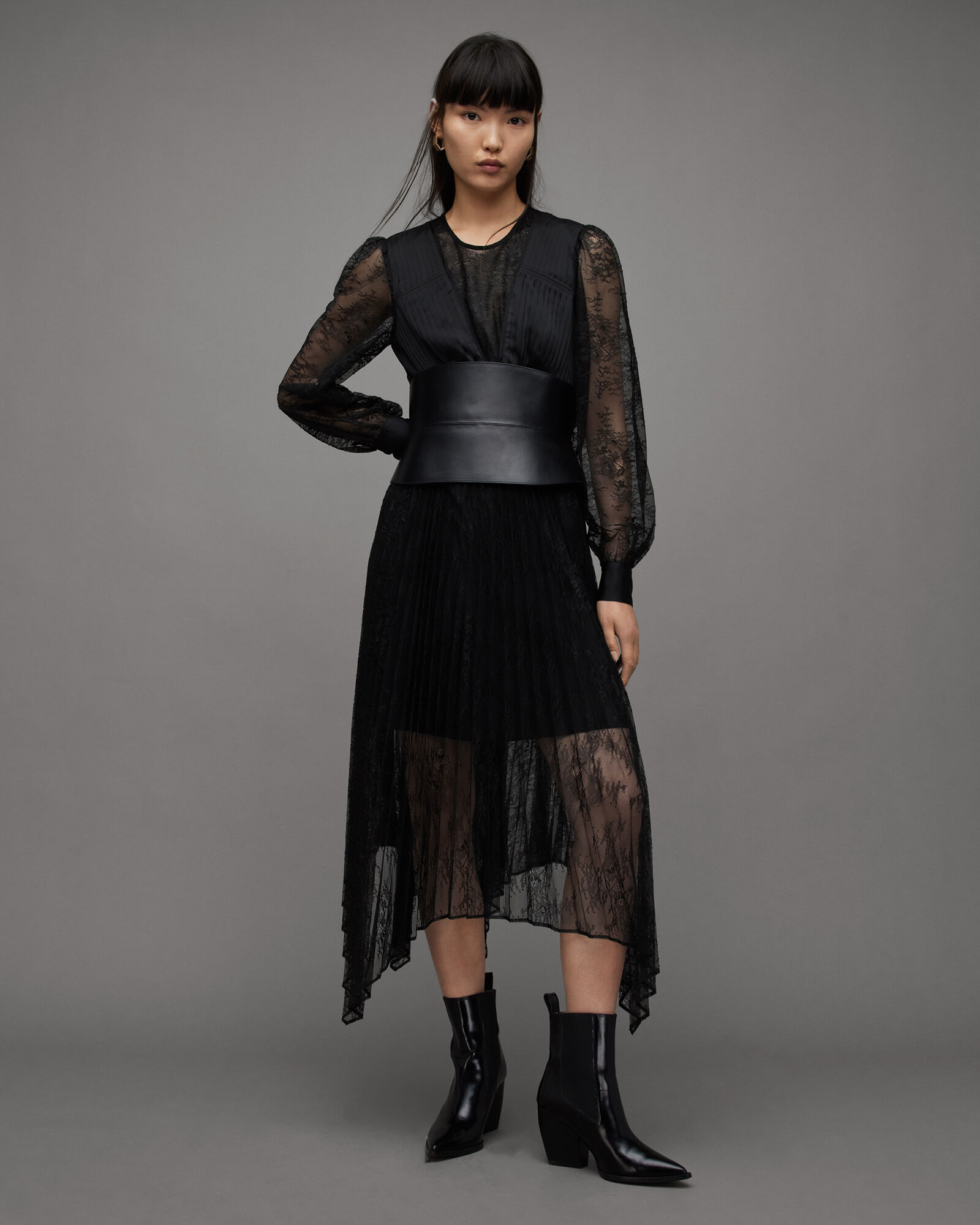 Norah Lace Pleated Asymmetric Maxi Dress Black | ALLSAINTS US
