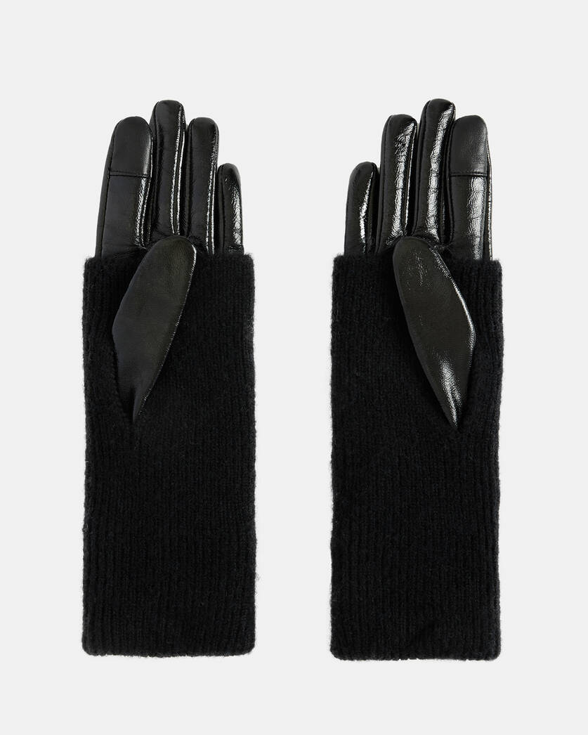 Jesse Leather Knitted Cuff Gloves SHINY BLACK | ALLSAINTS US