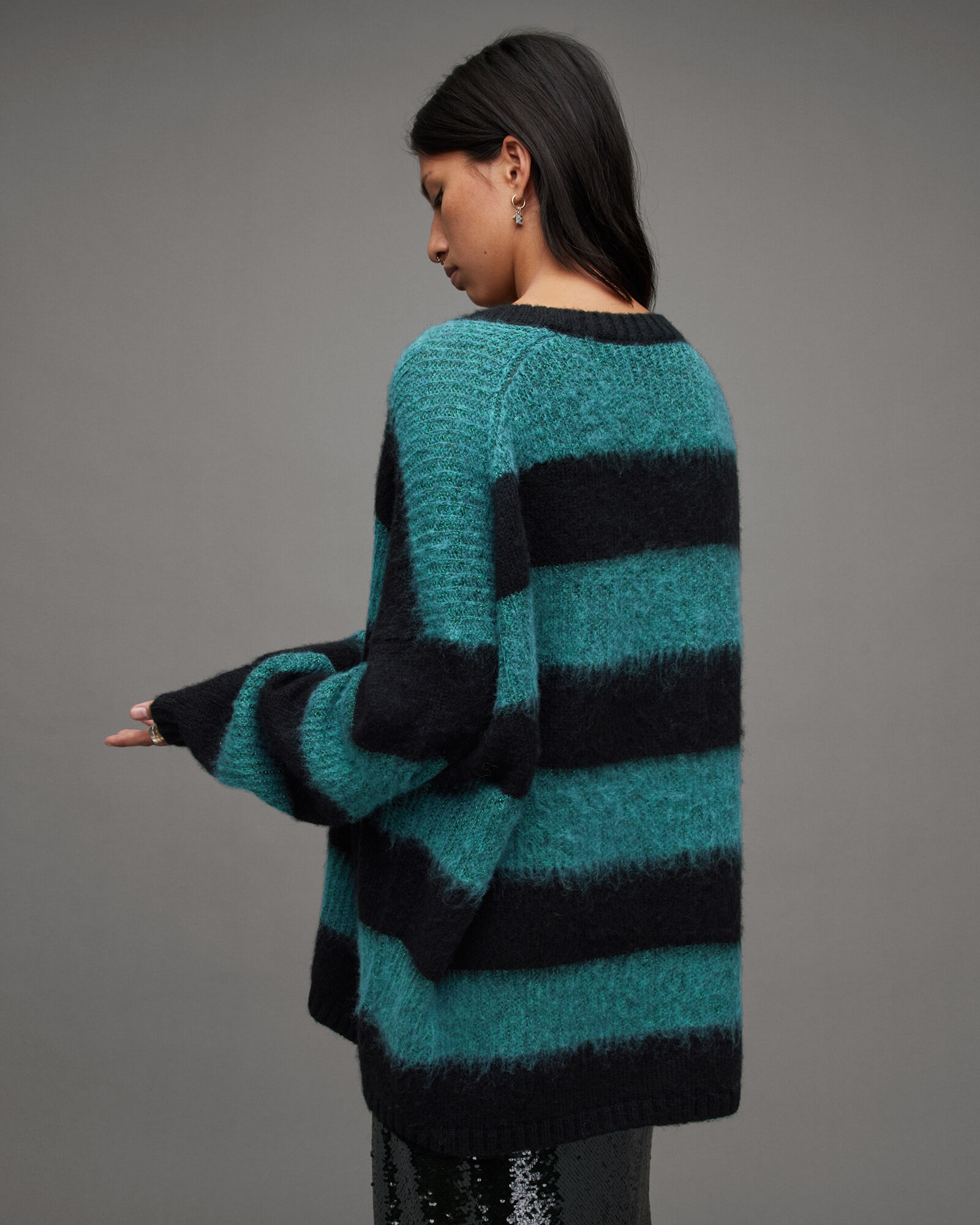 Lou Sparkle V-Neck Striped Sweater BLACK/SYCAMORE | ALLSAINTS US