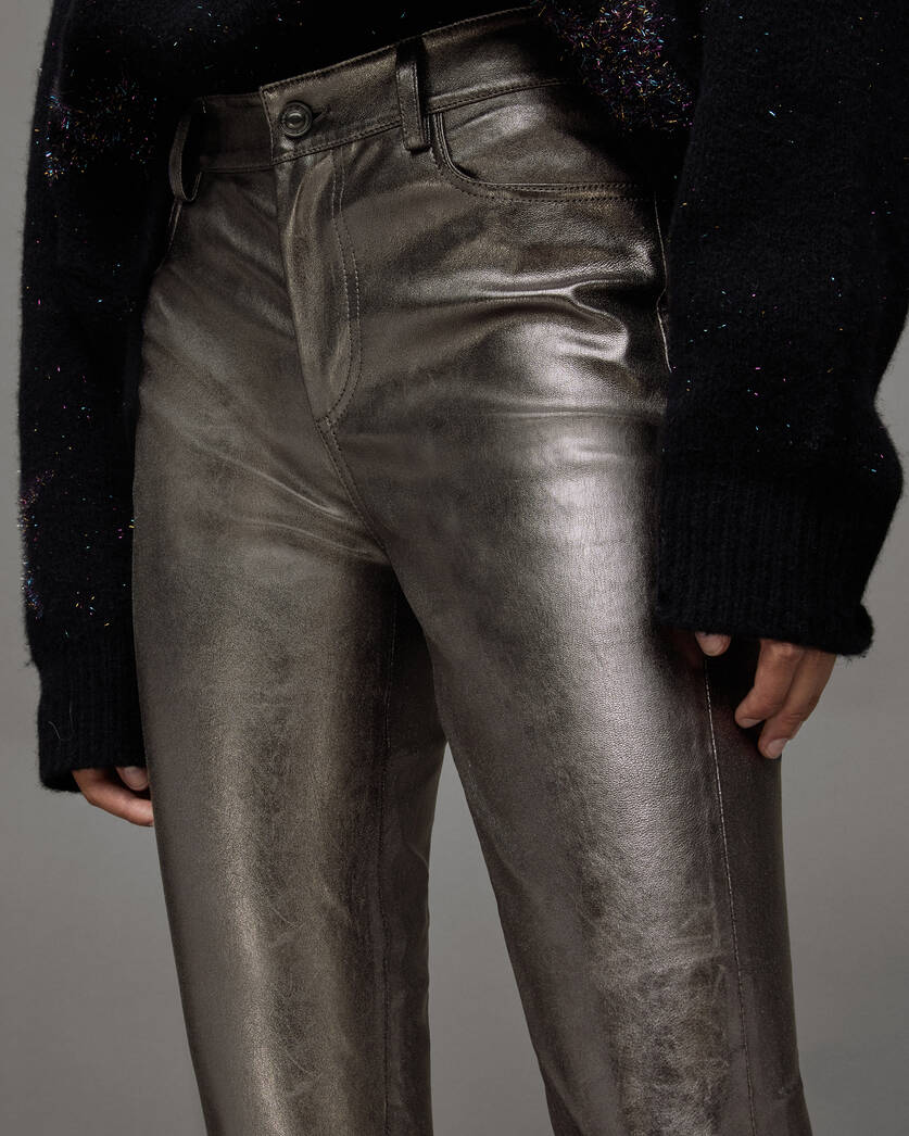 Ina Leather Metallic Pants Gunmetal