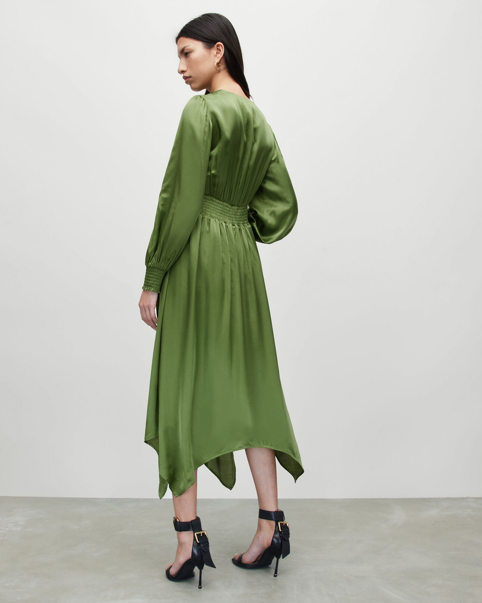 Estelle Silk Blend Asymmetric Midi Dress CACTUS GREEN | ALLSAINTS US
