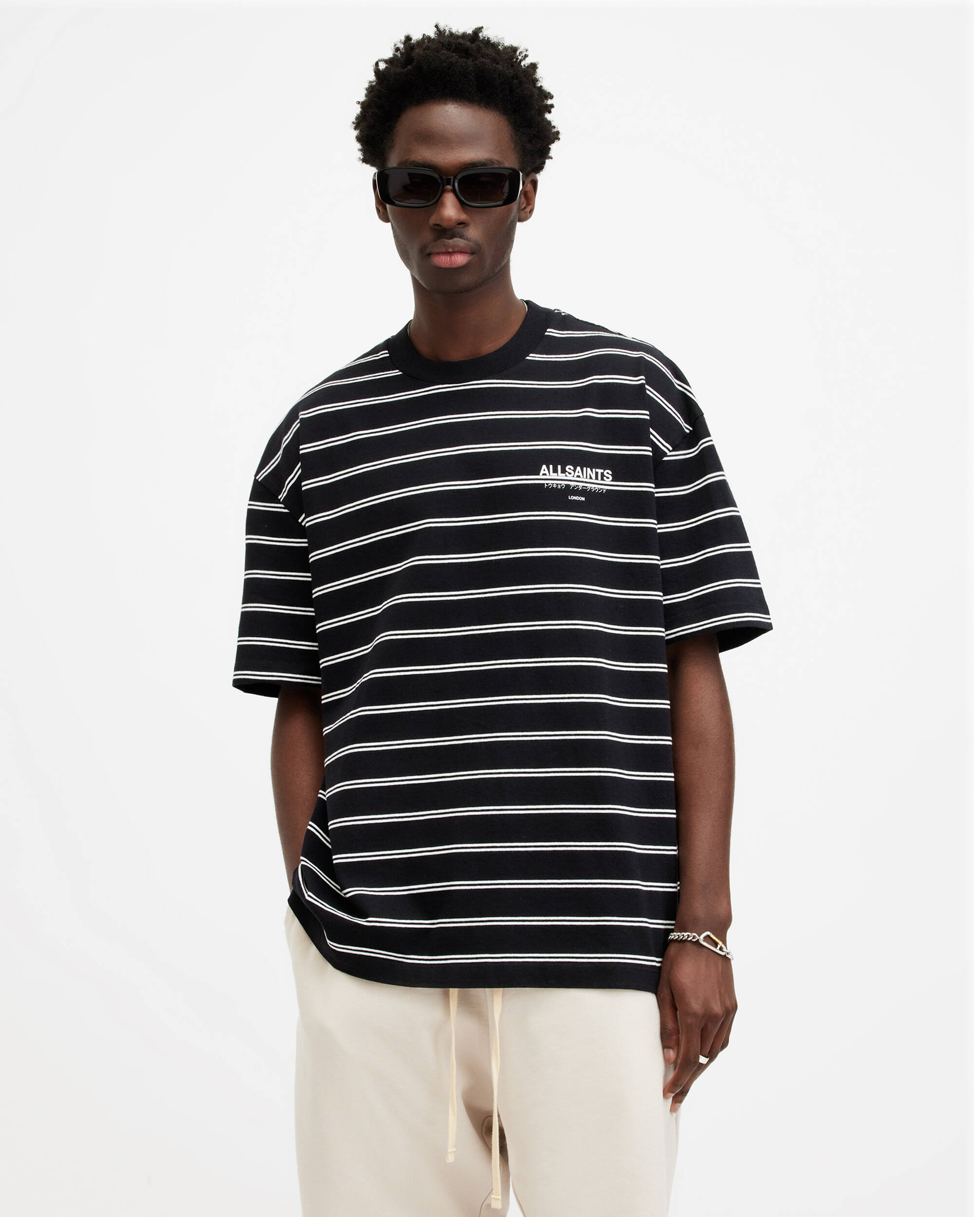 Underground Oversized Striped T-Shirt JET BLK/CHALK WHTE | ALLSAINTS US