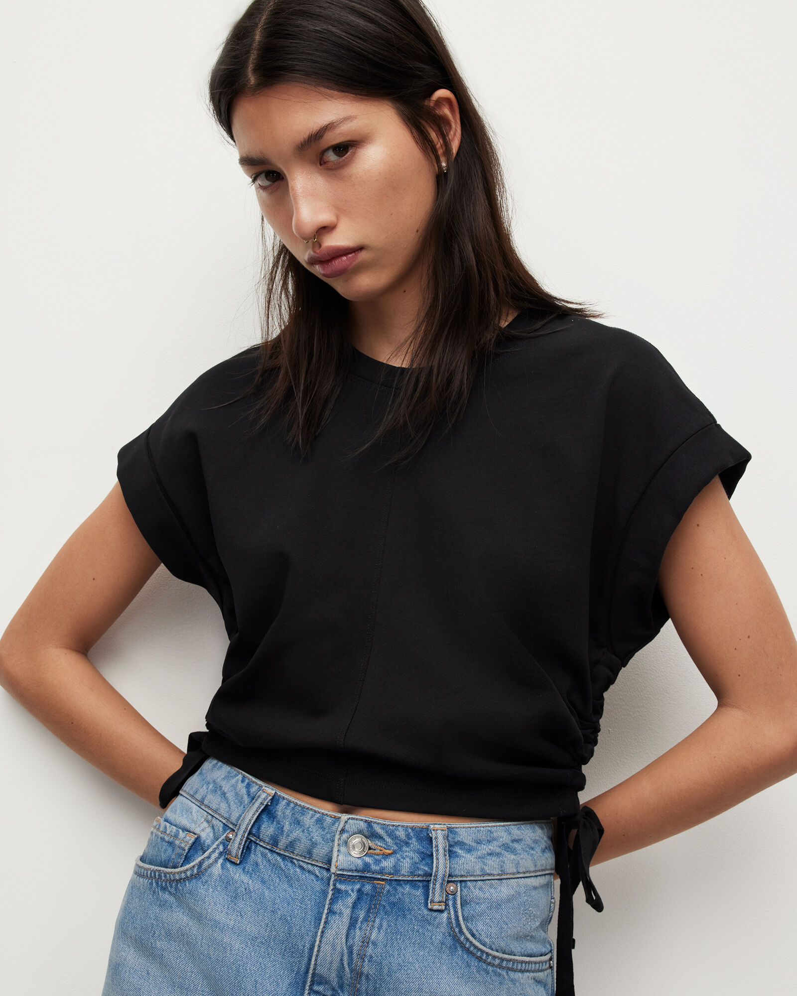 Mira Cropped Drawcord T-Shirt Black | ALLSAINTS US