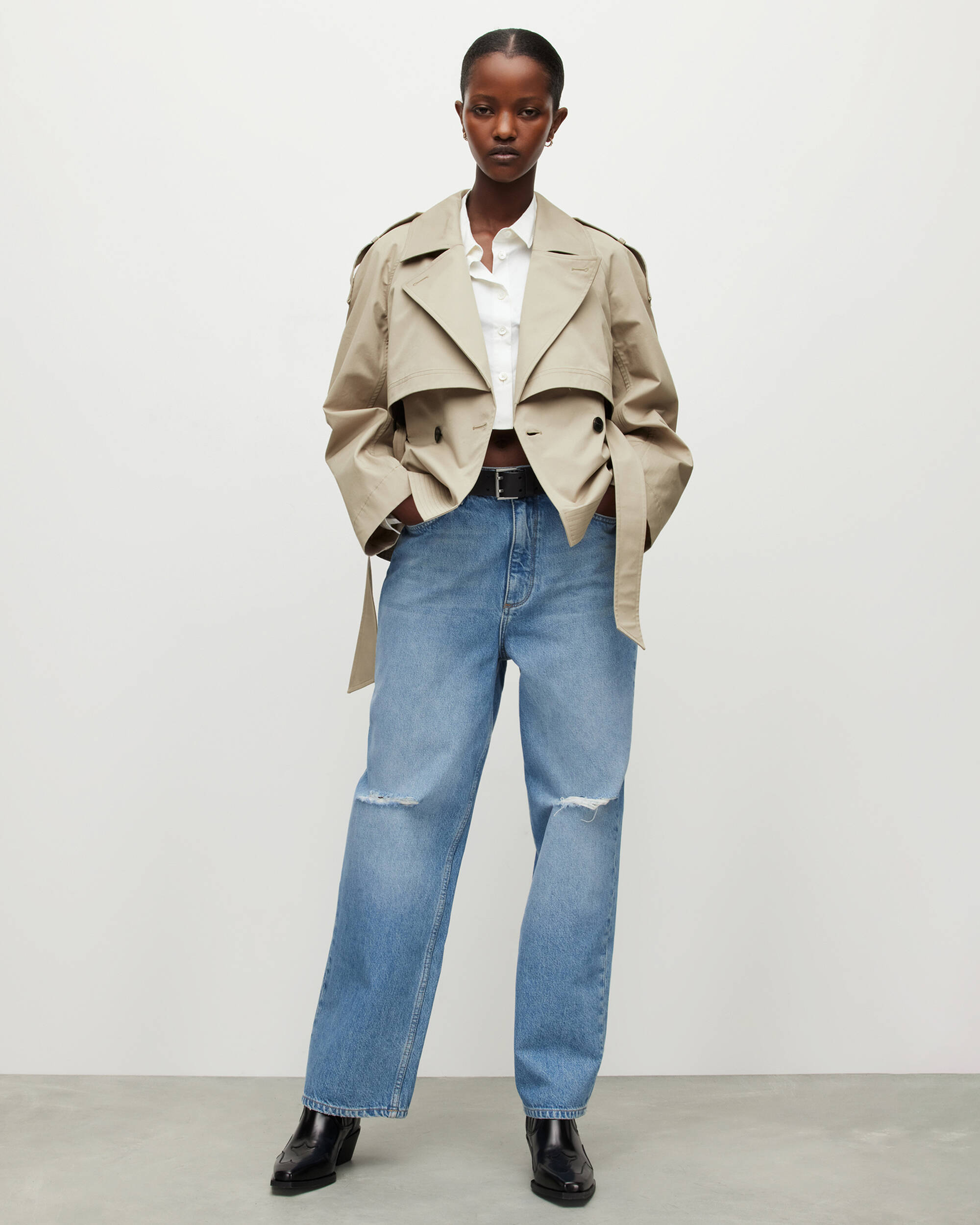 Beckette Cropped Belted Trench Coat Stone | ALLSAINTS US