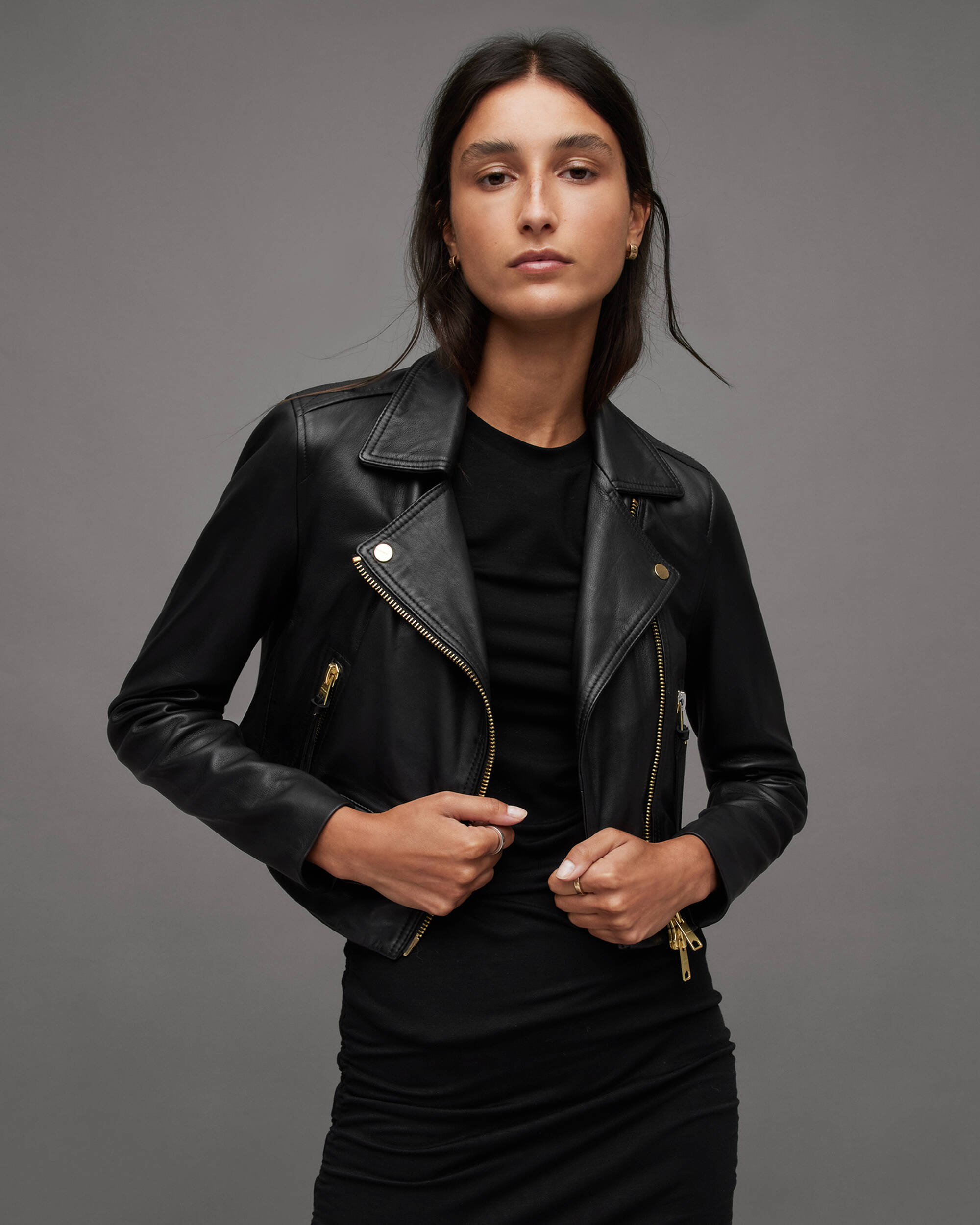 Elora Cropped Leather Biker Jacket Black | ALLSAINTS US