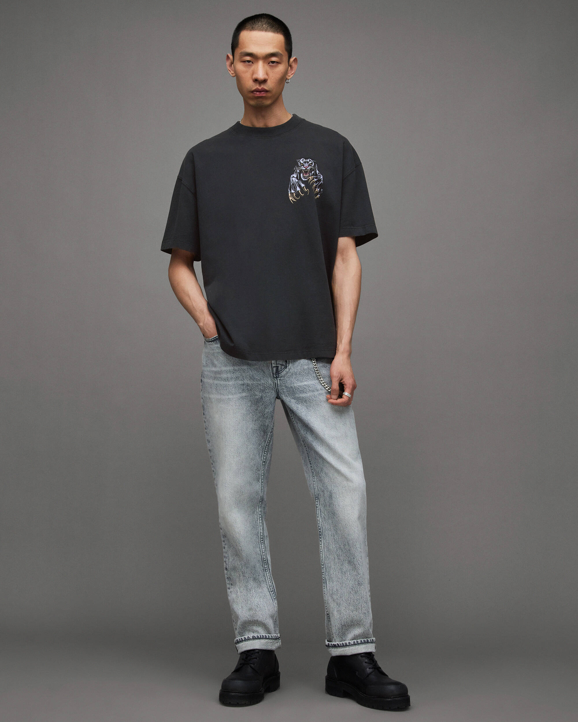 Beast Oversized Panther Crew T-Shirt Washed Black | ALLSAINTS US