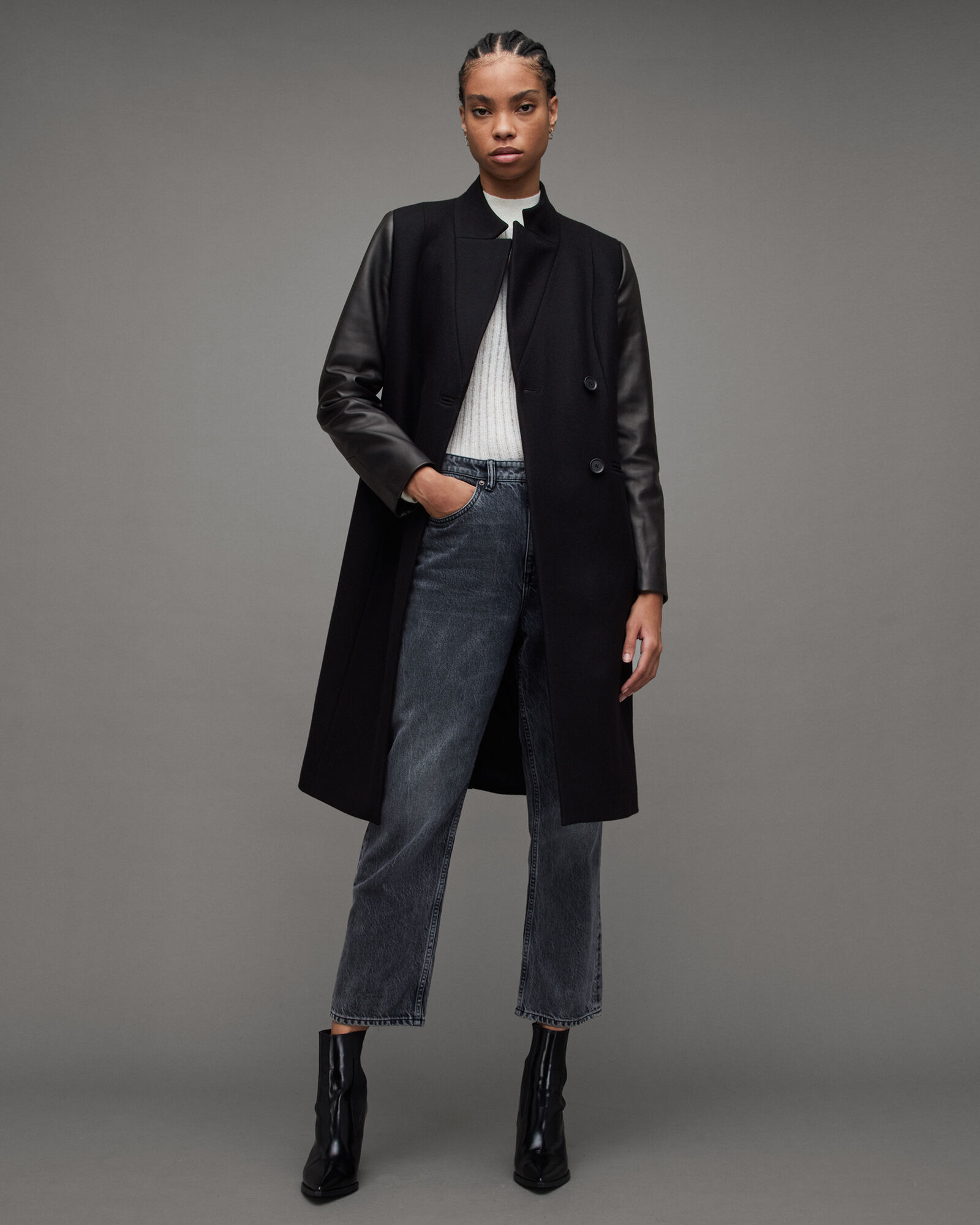 Sidney Wool Cashmere Leather Sleeve Coat