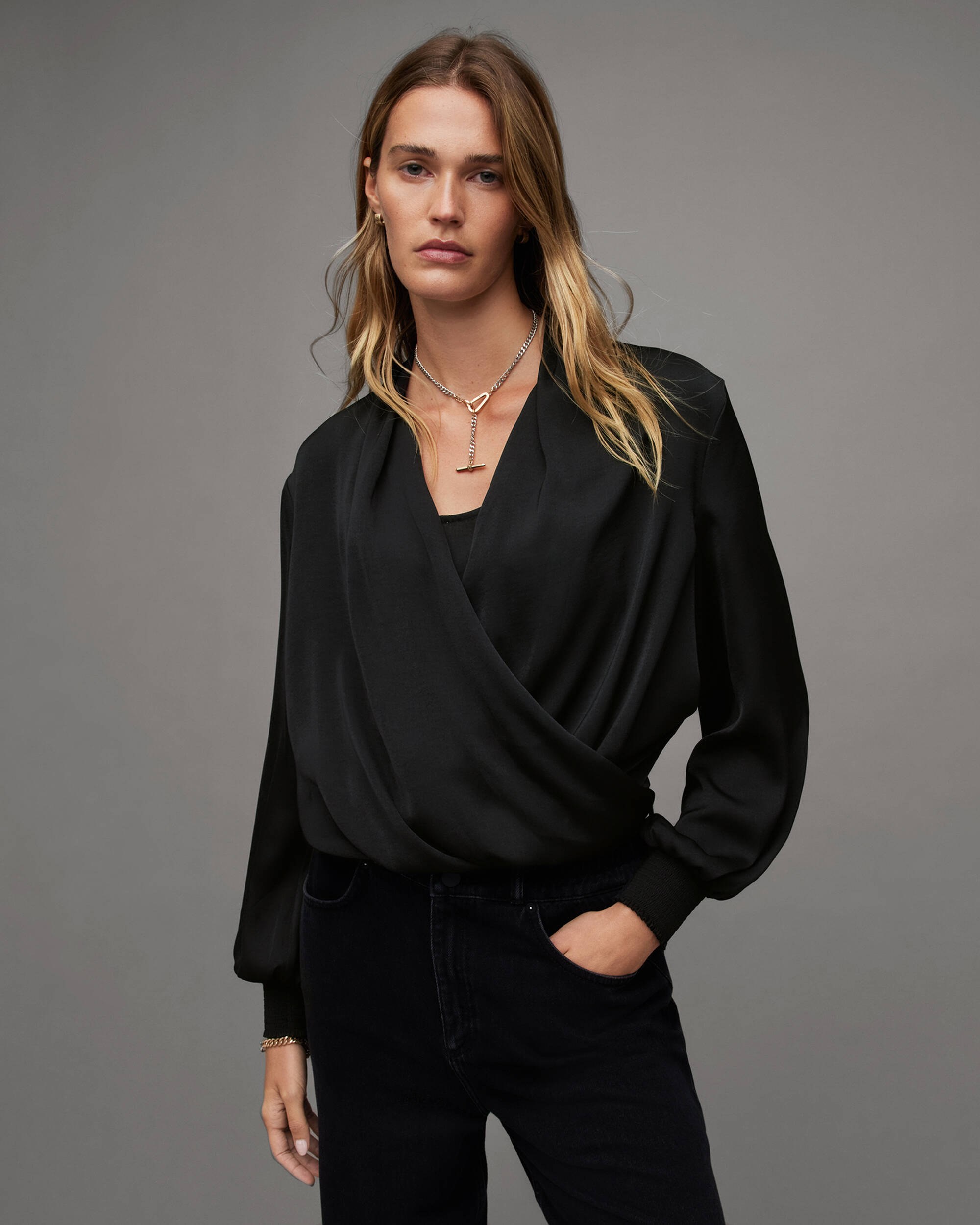 Abi Long Sleeve Draped Wrap Over Top  large image number 1