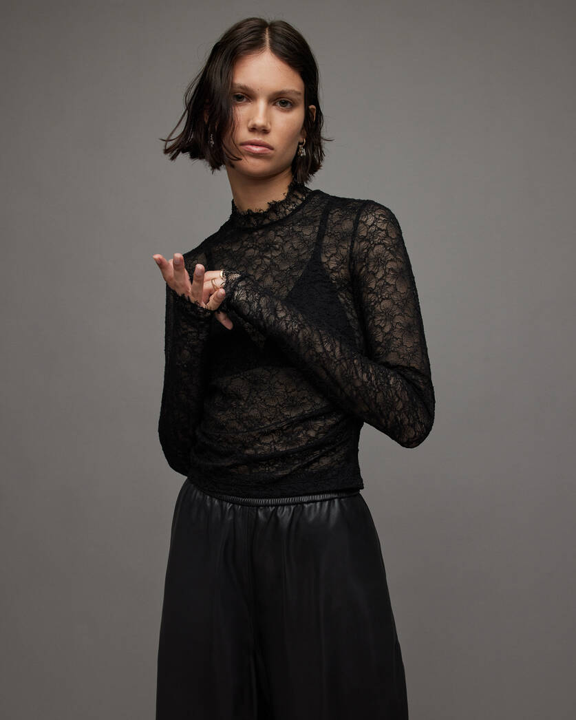 Francesco Long Sleeve Sheer Lace Top Black | ALLSAINTS US