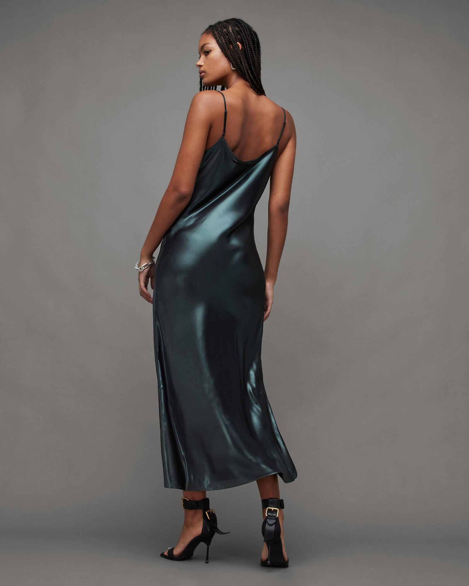 Hadley Metallic Midi Slip Dress DEEP GREEN | ALLSAINTS US