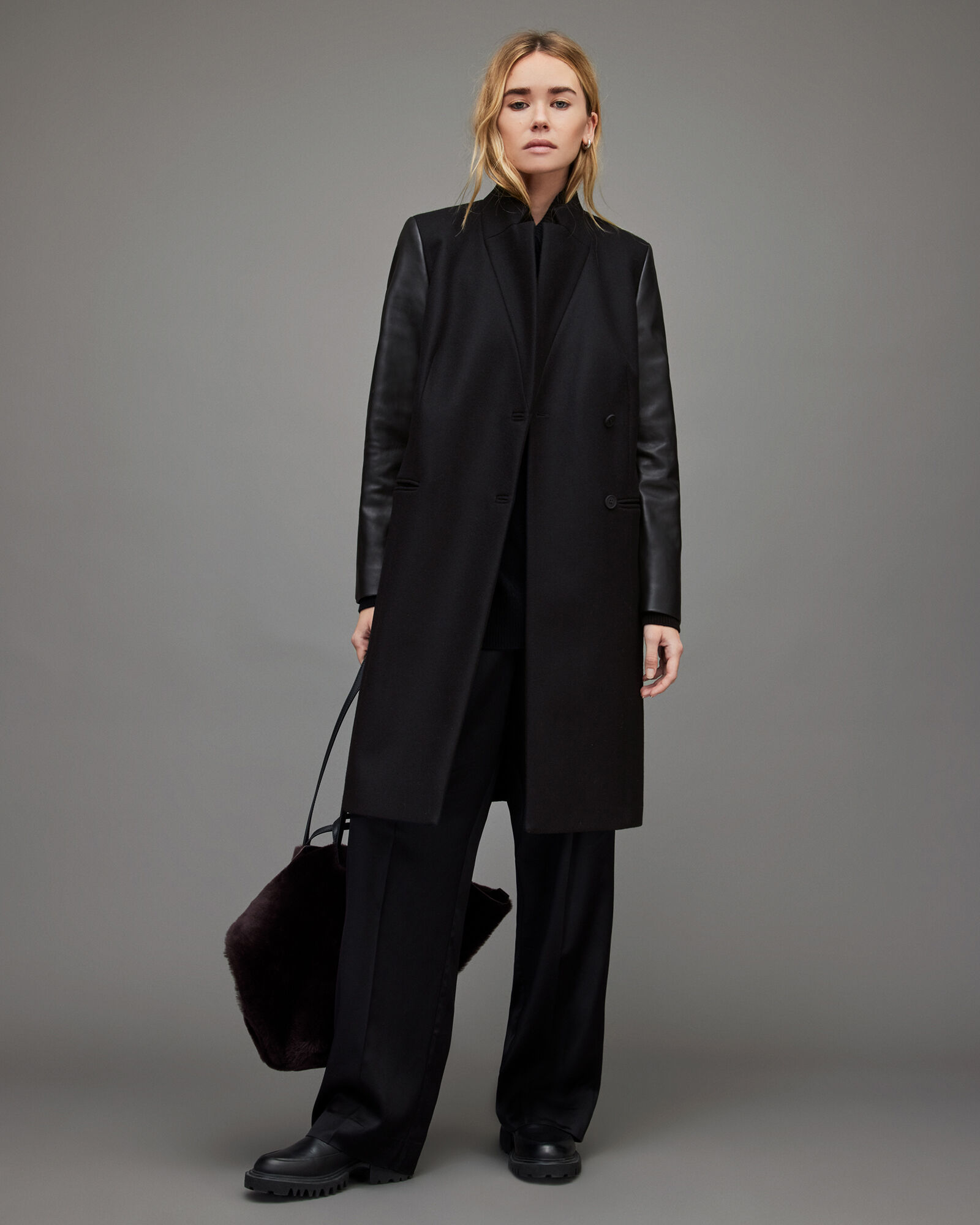 Sidney Leather Sleeve Cashmere Mix Coat