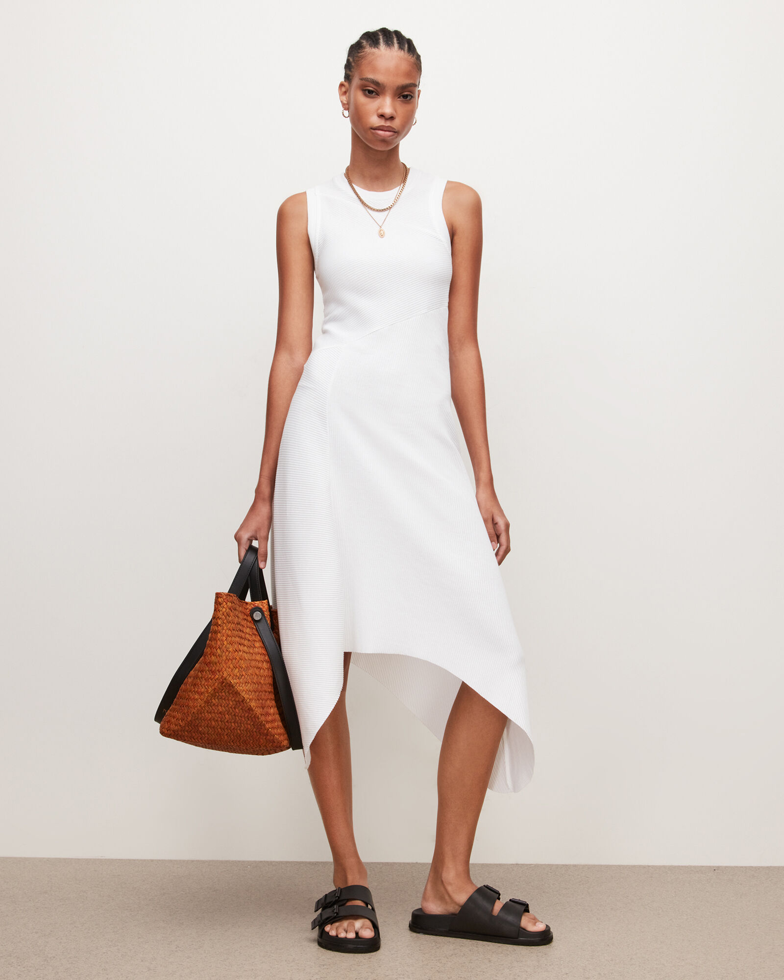 Gia Asymmetrical Ribbed Midi Dress Optic White | ALLSAINTS US