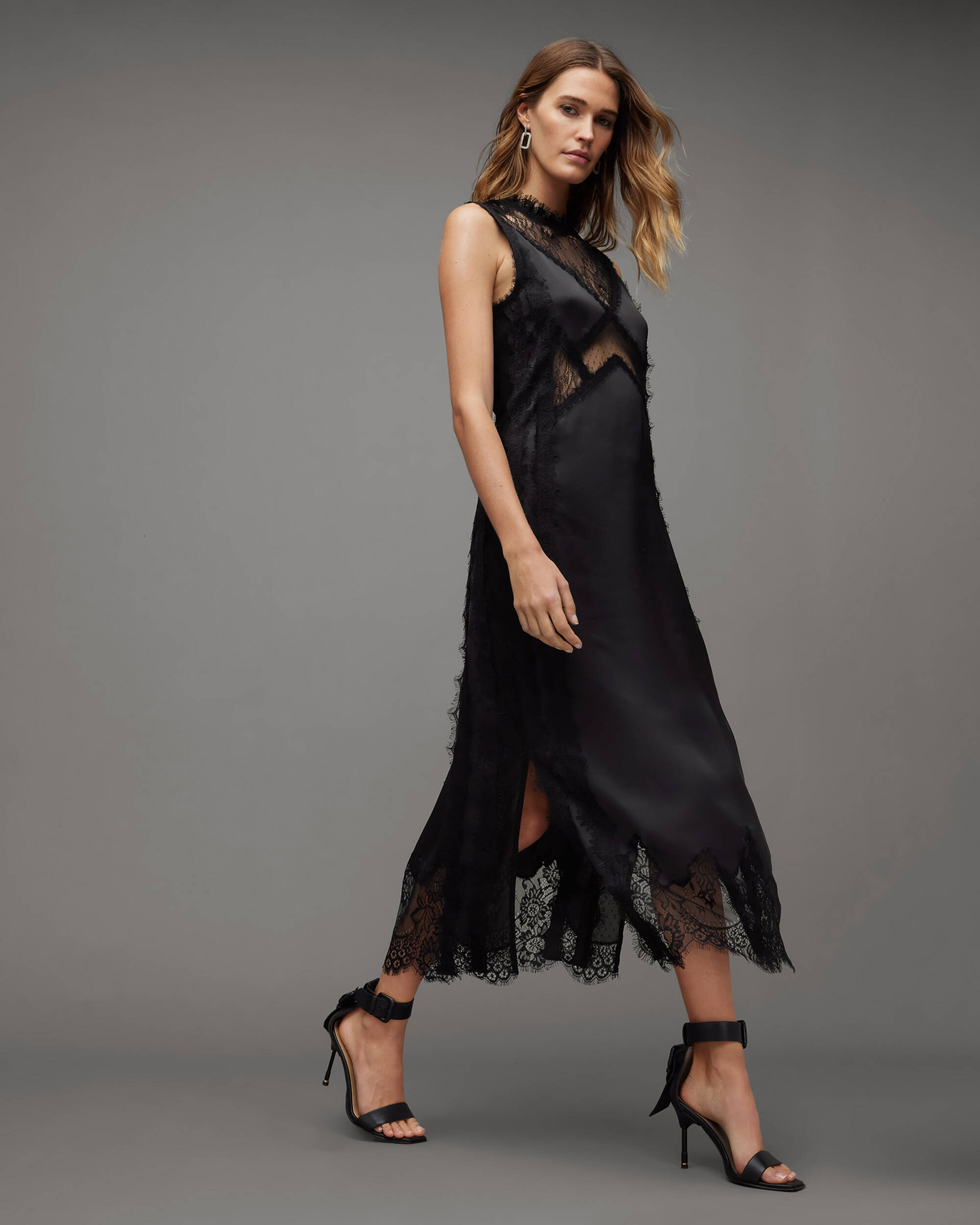Mila Lace Panelled Frill Trim Maxi Dress Black | ALLSAINTS US