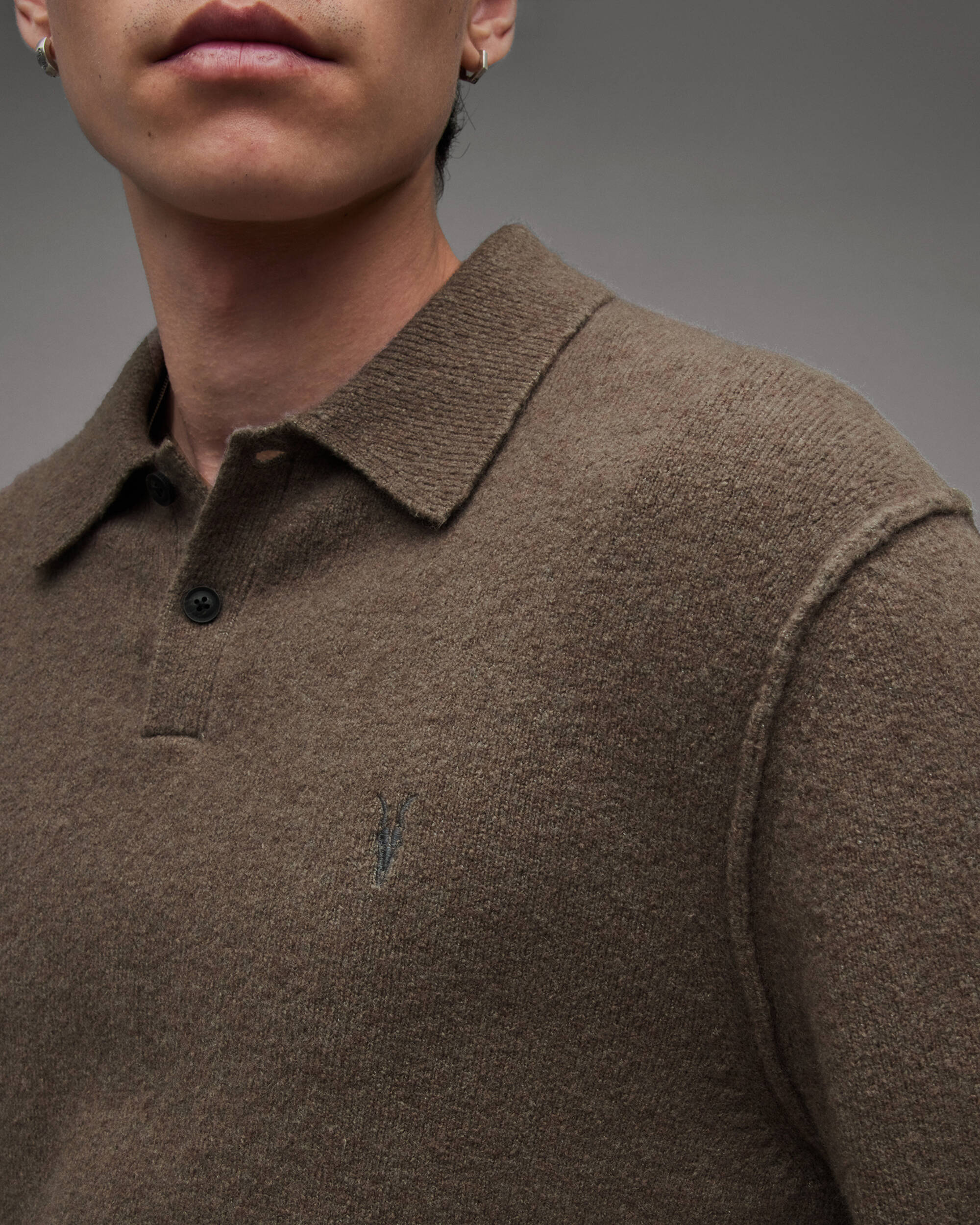 AllSaints Men's Statten Ramskull Long Sleeve Polo Sweater, Brown, Size: XXL